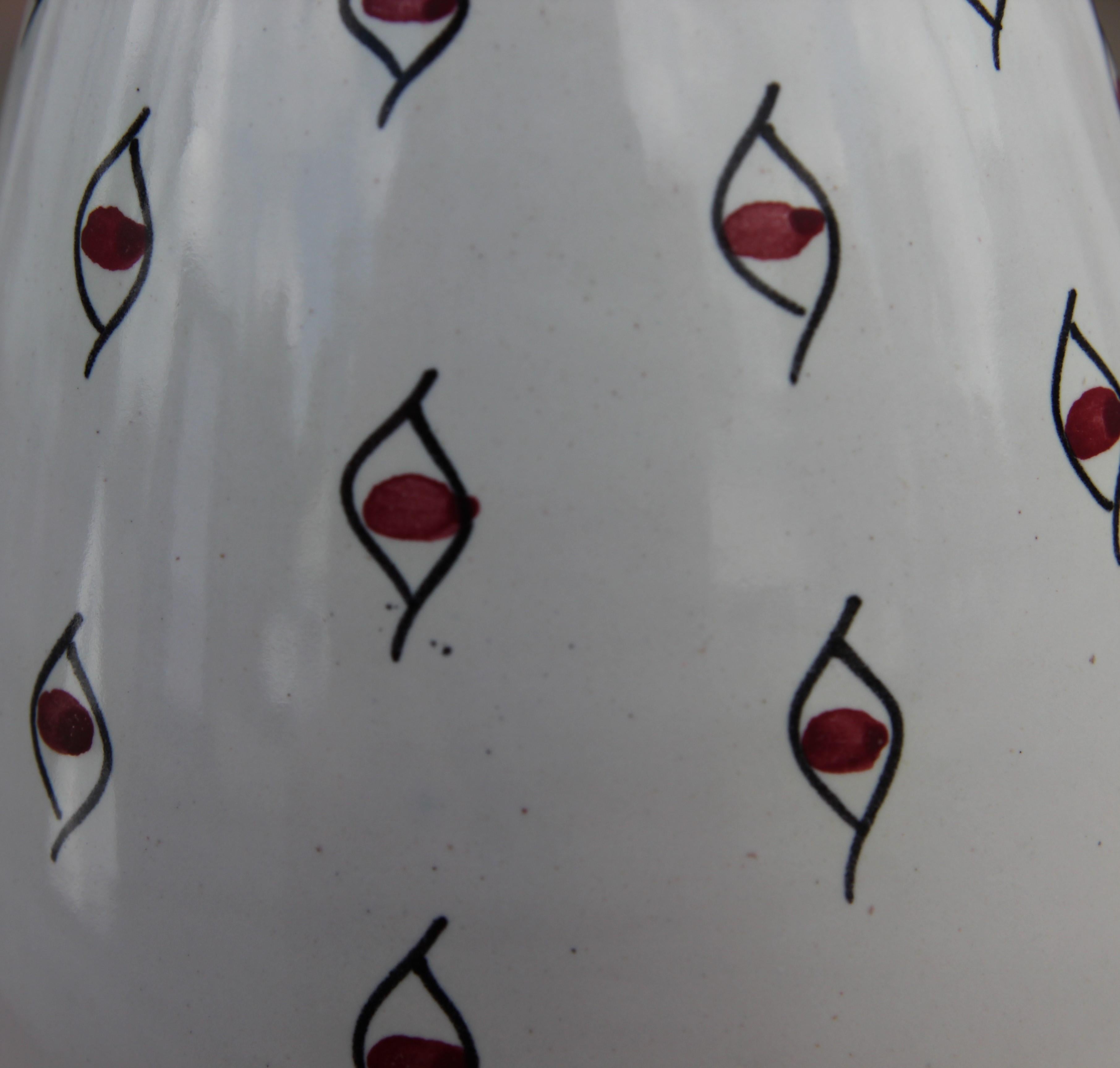 Mid-Century Modern White Italian Vase Handmade for Raymor with Black and Red Eyes Pattern