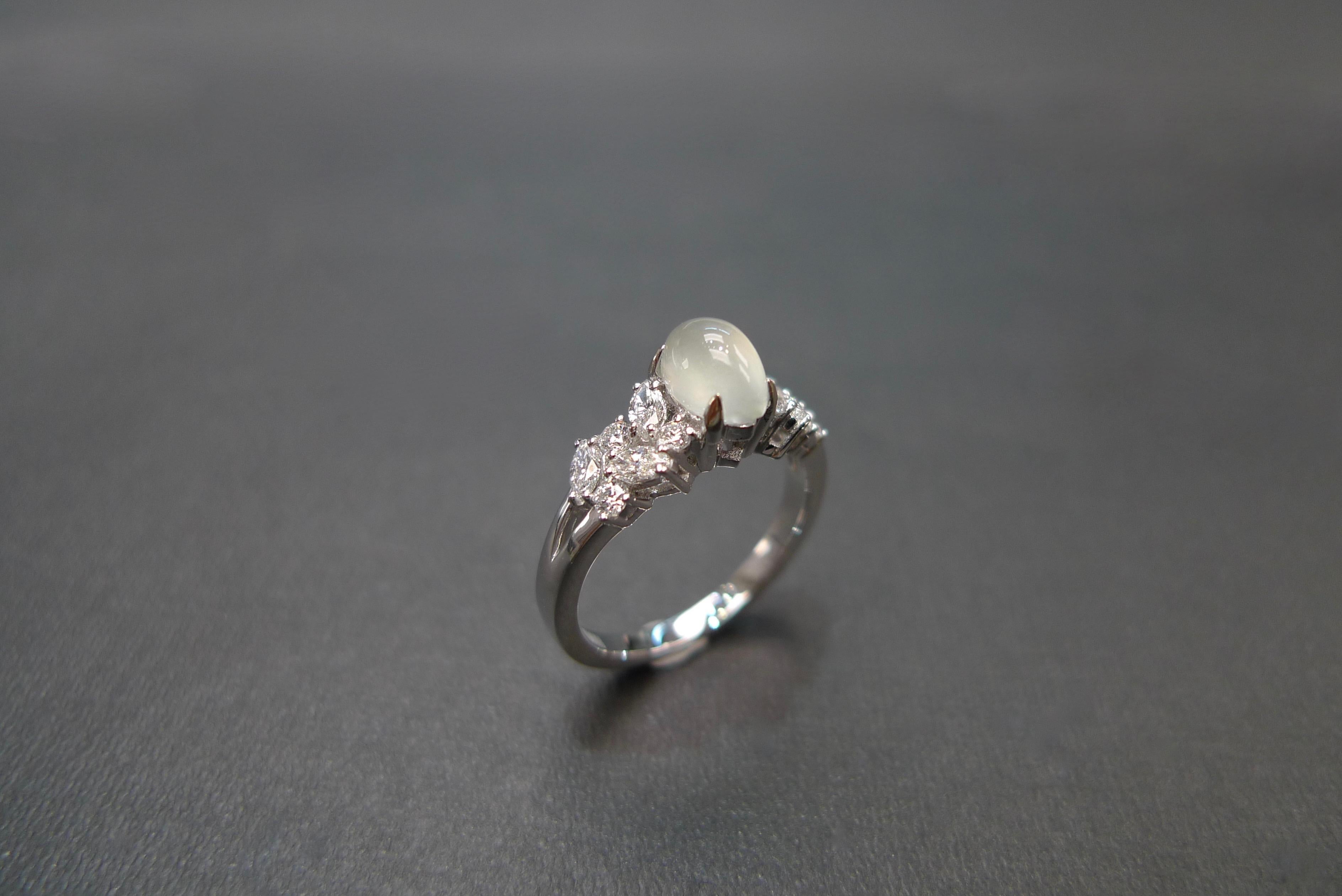 For Sale:  White Jade and Marquise Diamond Unique Engagement Ring in 18K White Gold  10