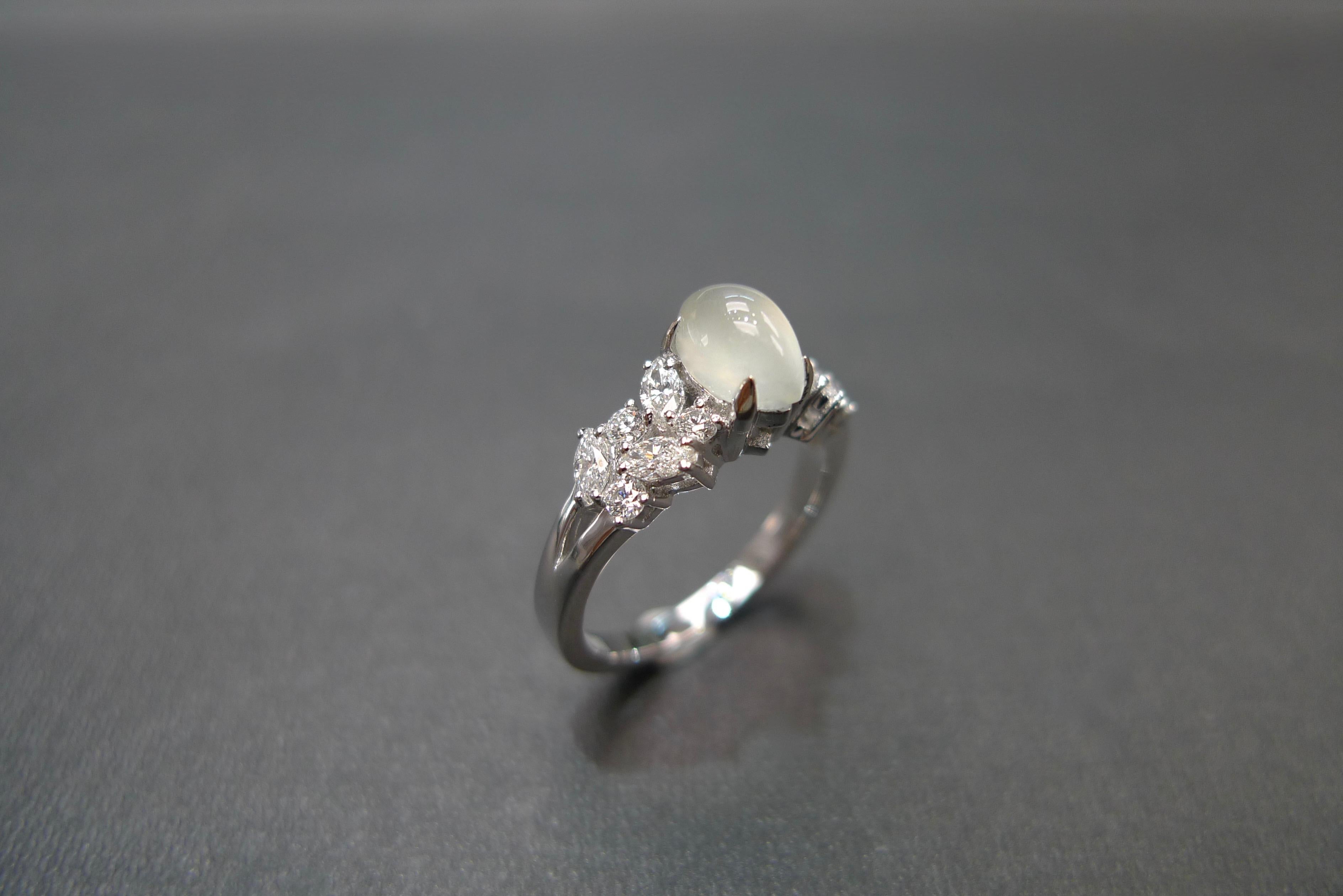 For Sale:  White Jade and Marquise Diamond Unique Engagement Ring in 18K White Gold 11