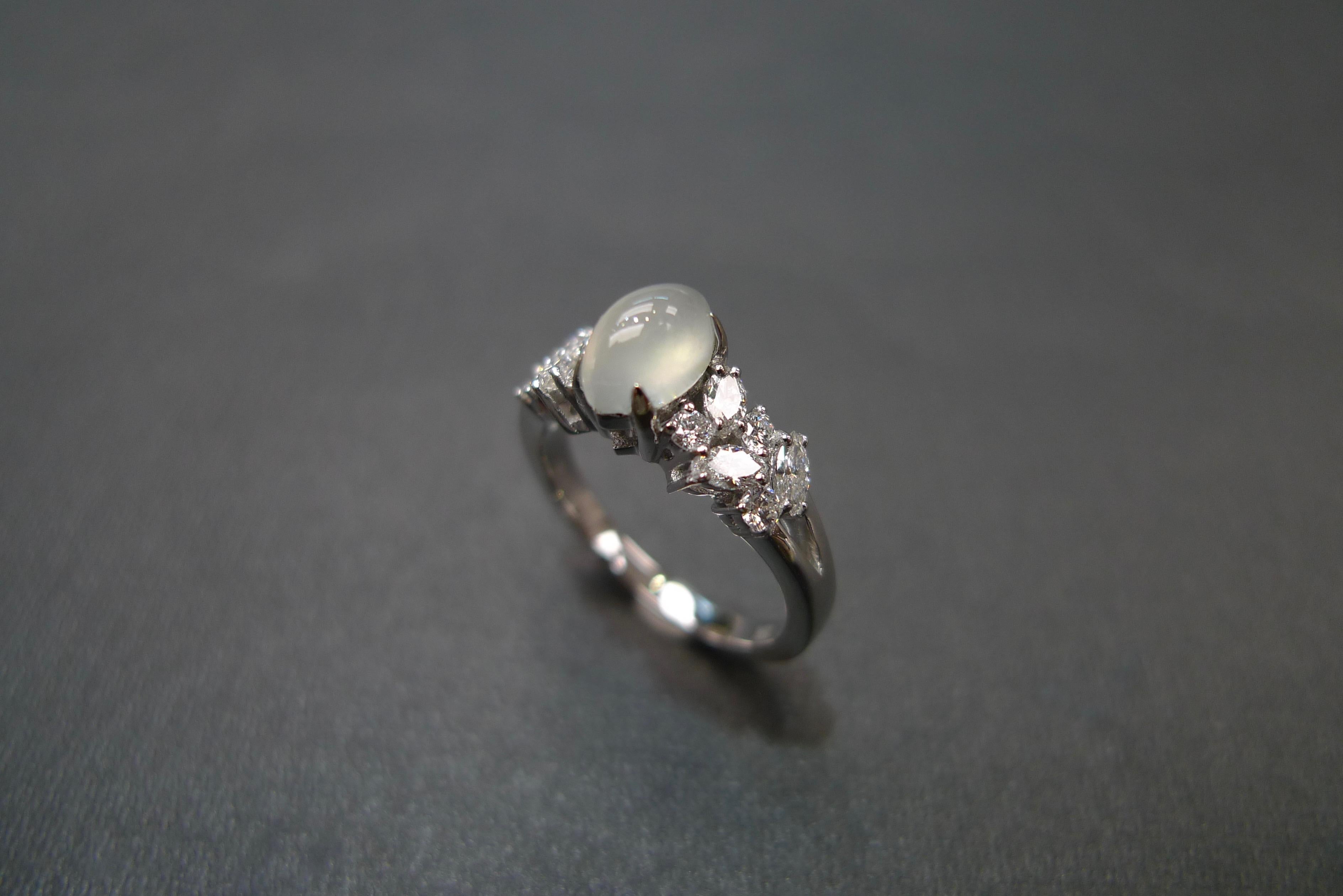 For Sale:  White Jade and Marquise Diamond Unique Engagement Ring in 18K White Gold  2