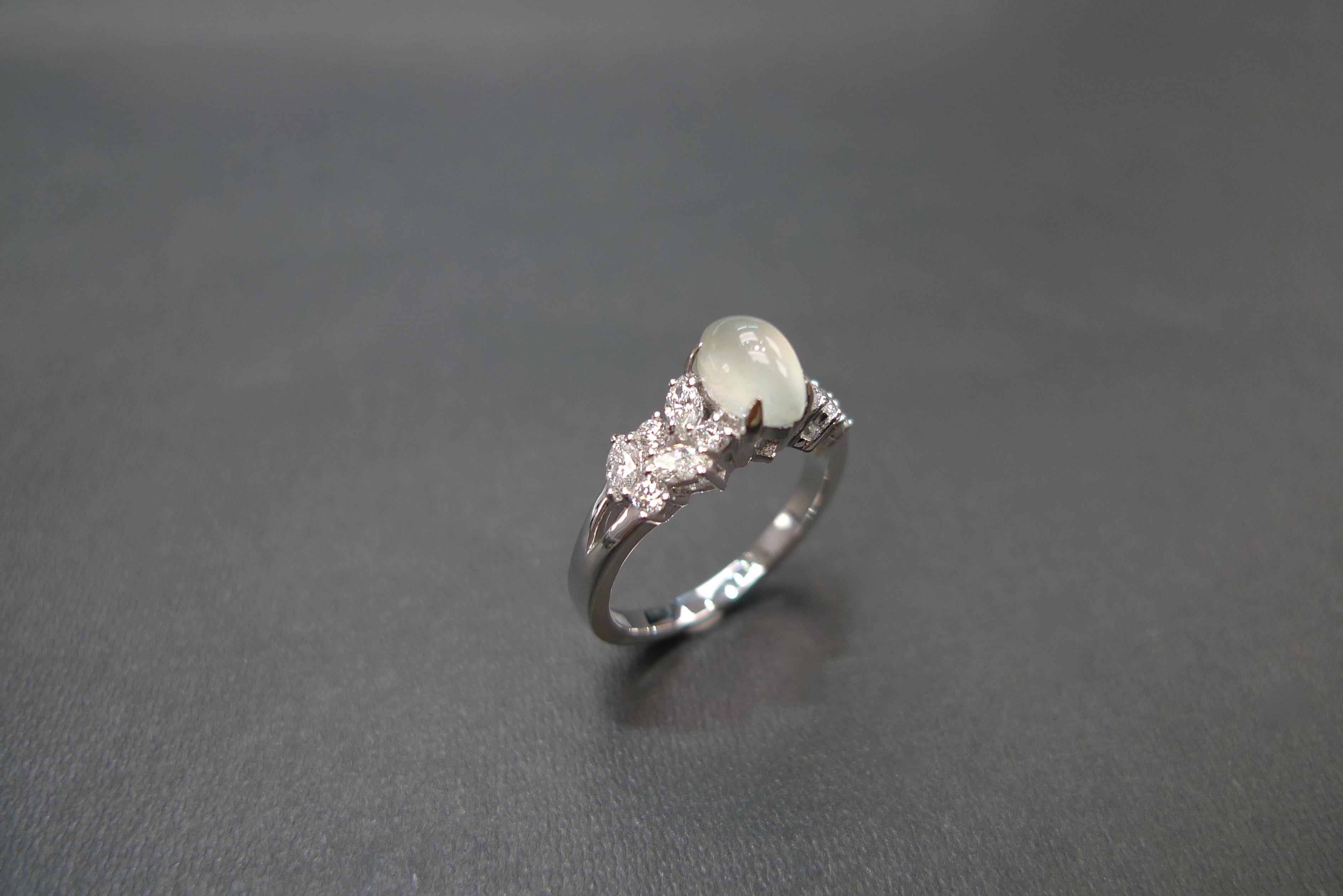 For Sale:  White Jade and Marquise Diamond Unique Engagement Ring in 18K White Gold  4