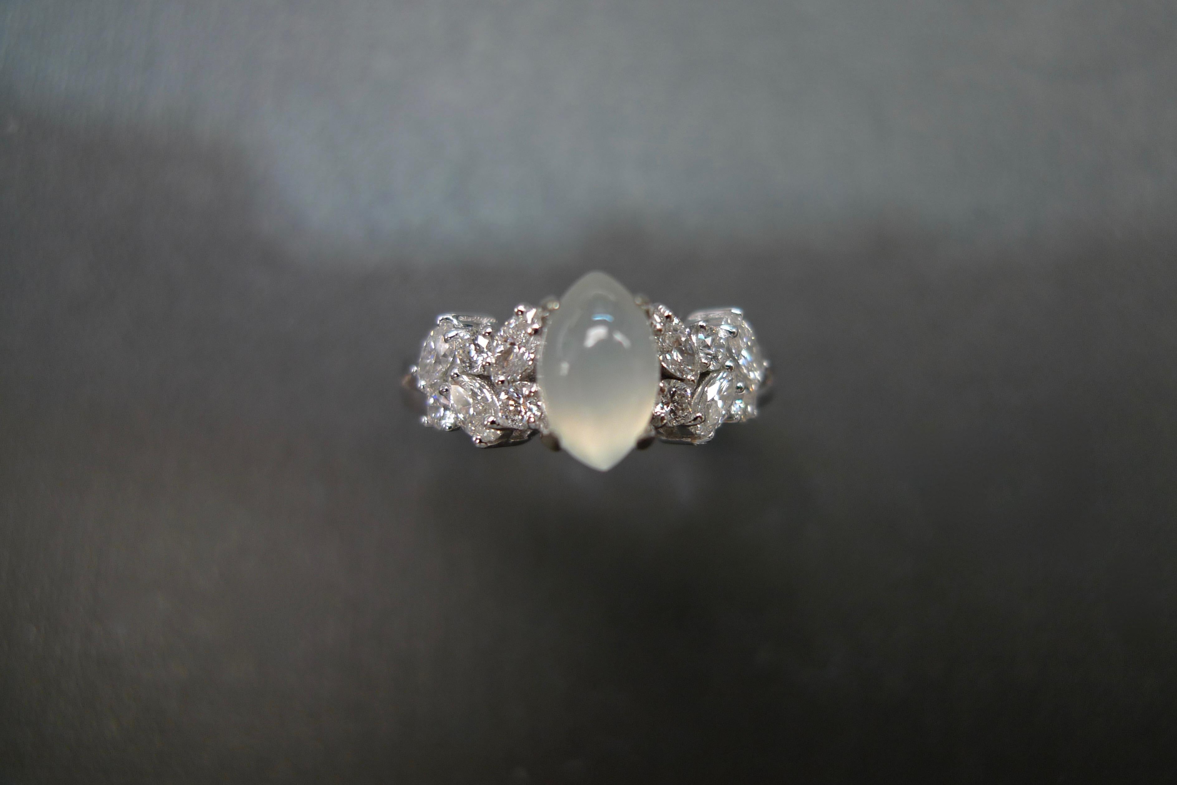 For Sale:  White Jade and Marquise Diamond Unique Engagement Ring in 18K White Gold  5