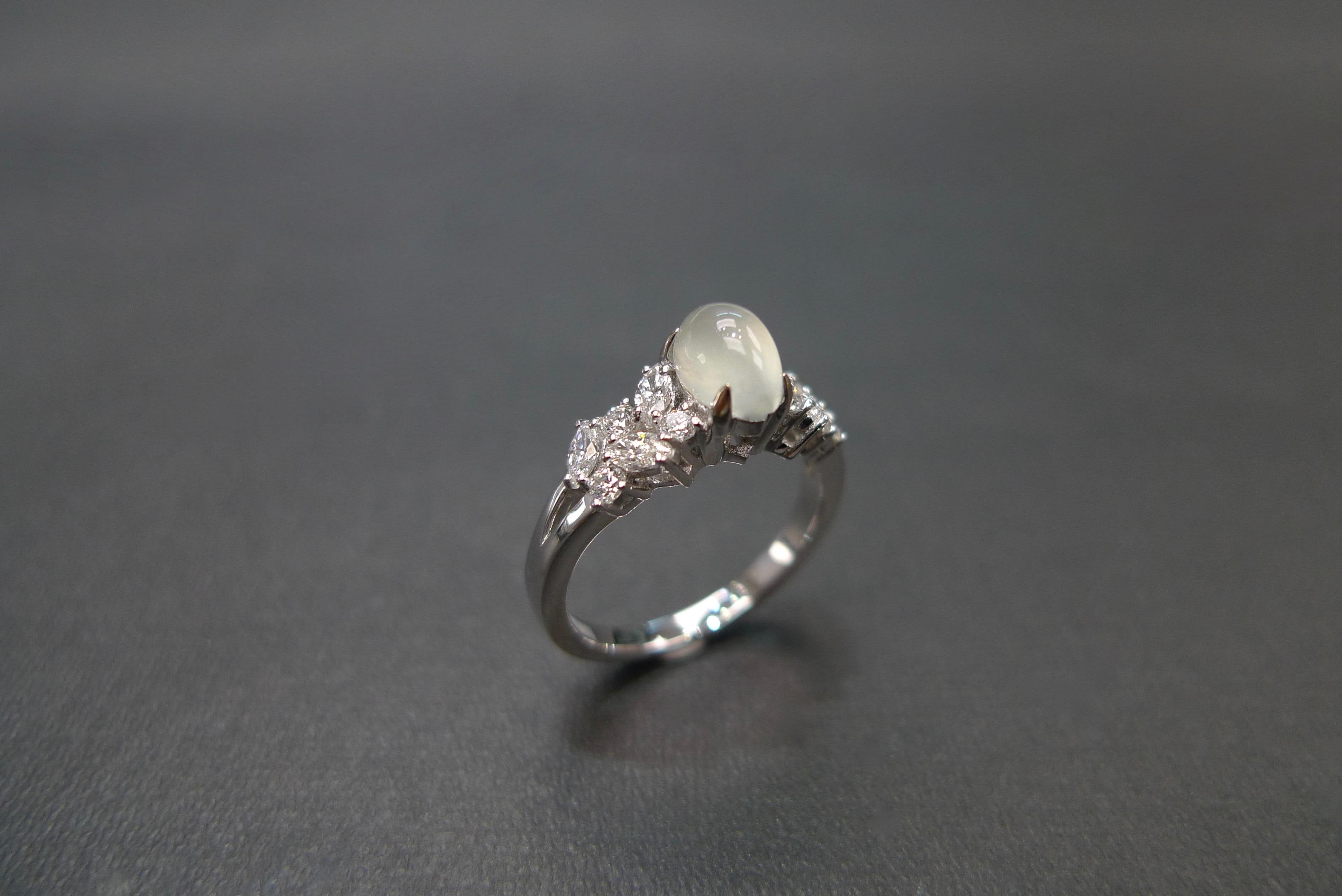 For Sale:  White Jade and Marquise Diamond Unique Engagement Ring in 18K White Gold  6