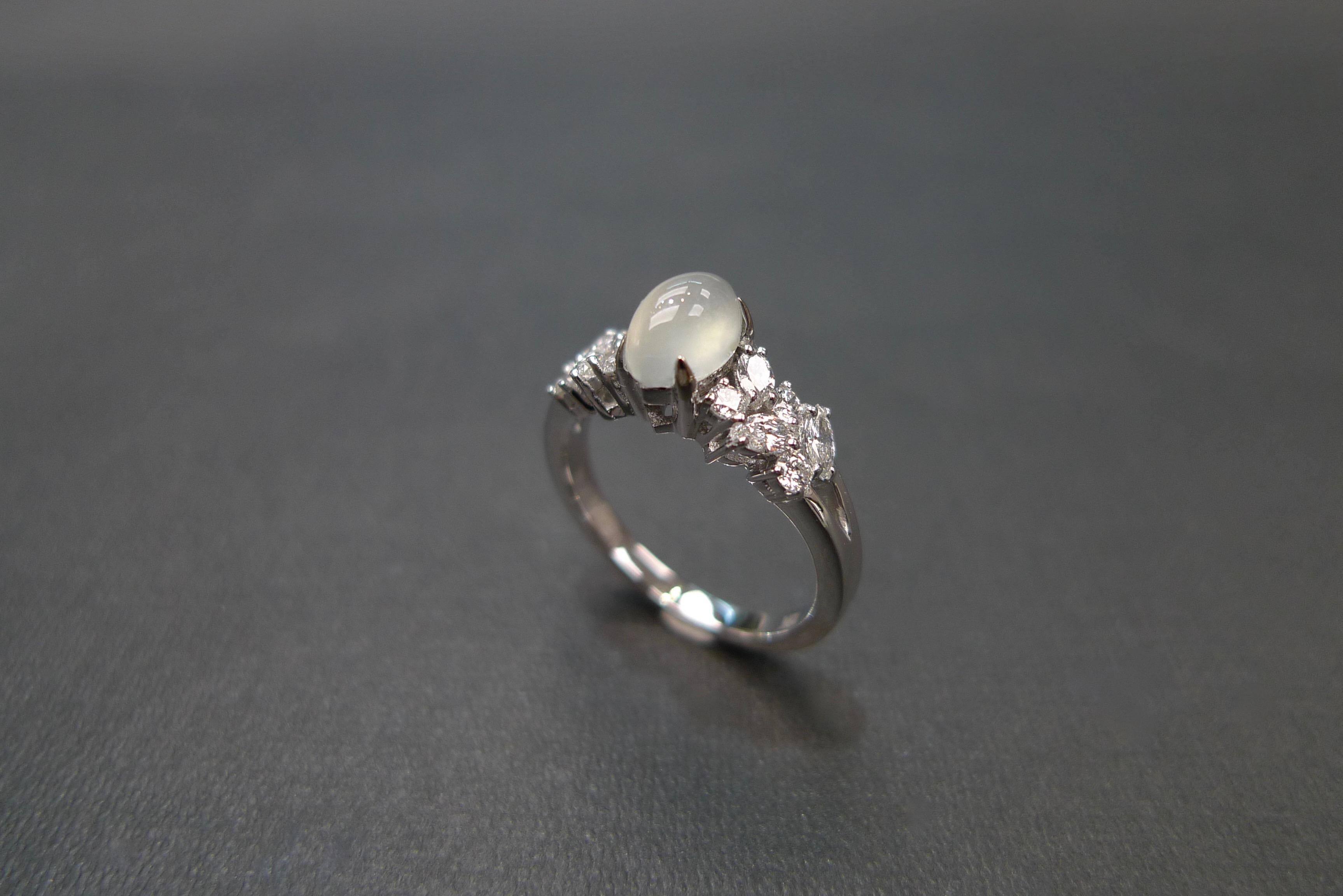 For Sale:  White Jade and Marquise Diamond Unique Engagement Ring in 18K White Gold 7