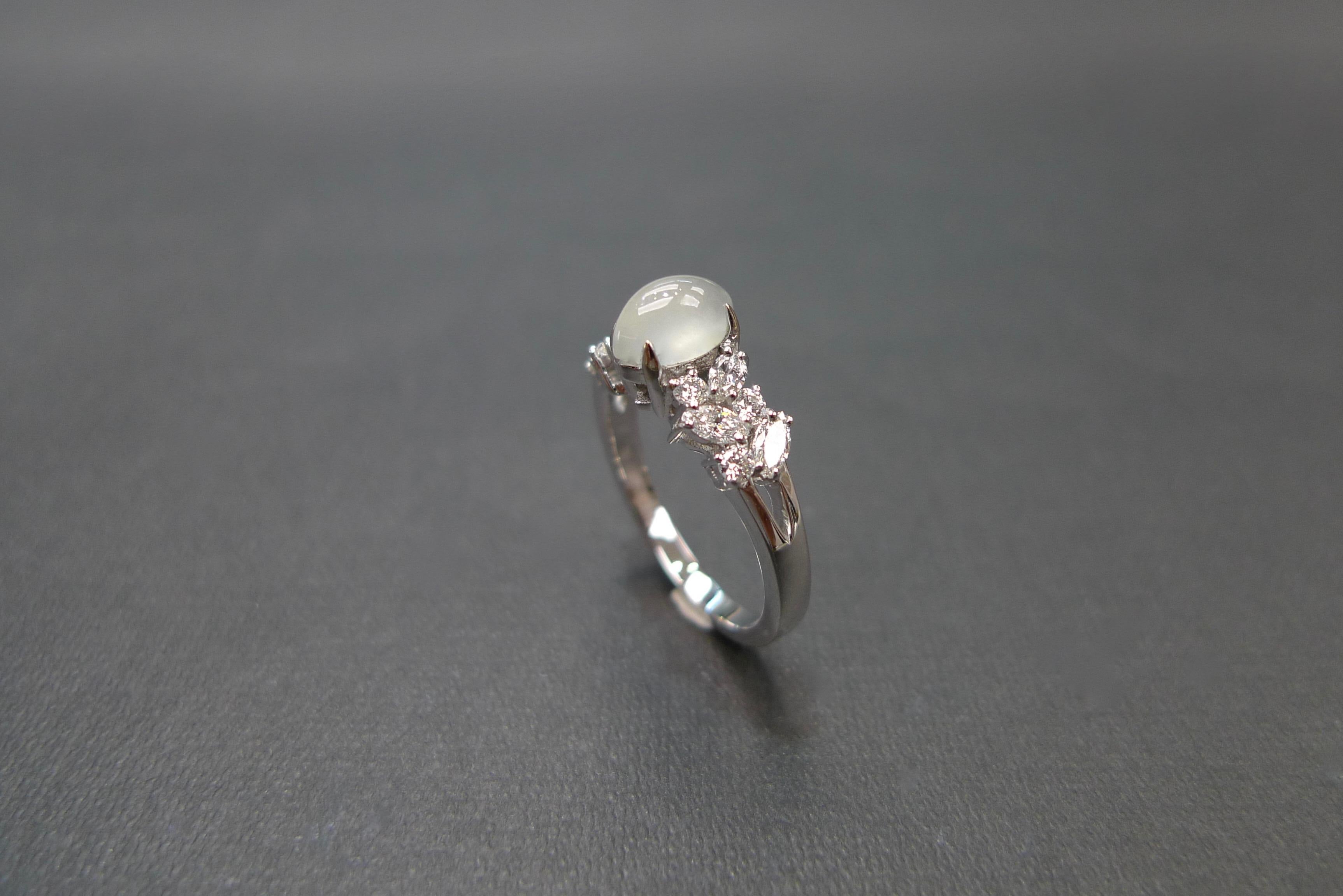 For Sale:  White Jade and Marquise Diamond Unique Engagement Ring in 18K White Gold  8