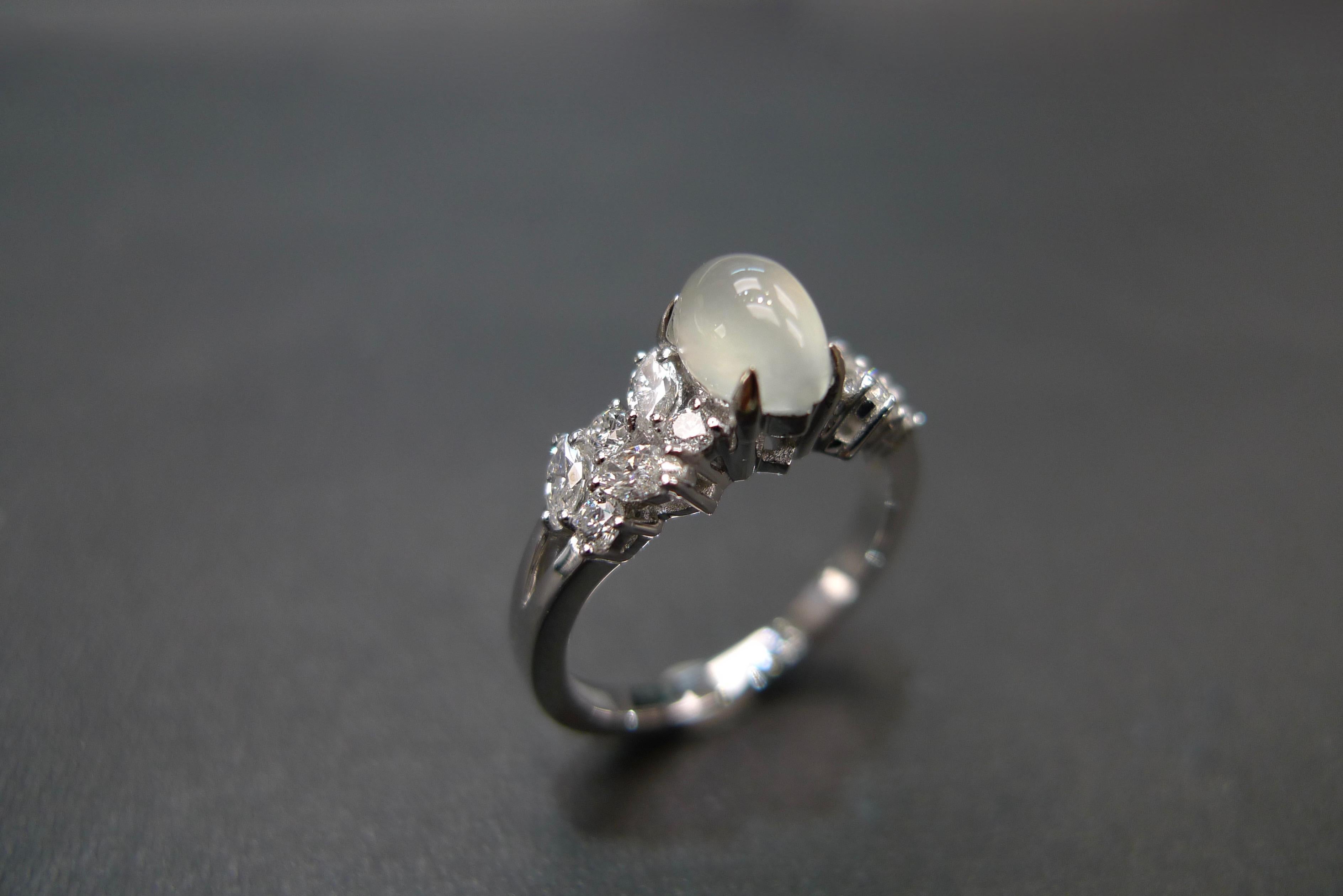 For Sale:  White Jade and Marquise Diamond Unique Engagement Ring in 18K White Gold  9
