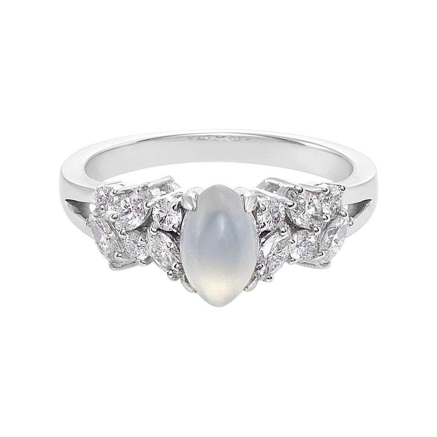 Bague de fiançailles unique en or blanc 18 carats avec jade blanc et diamants taille marquise 