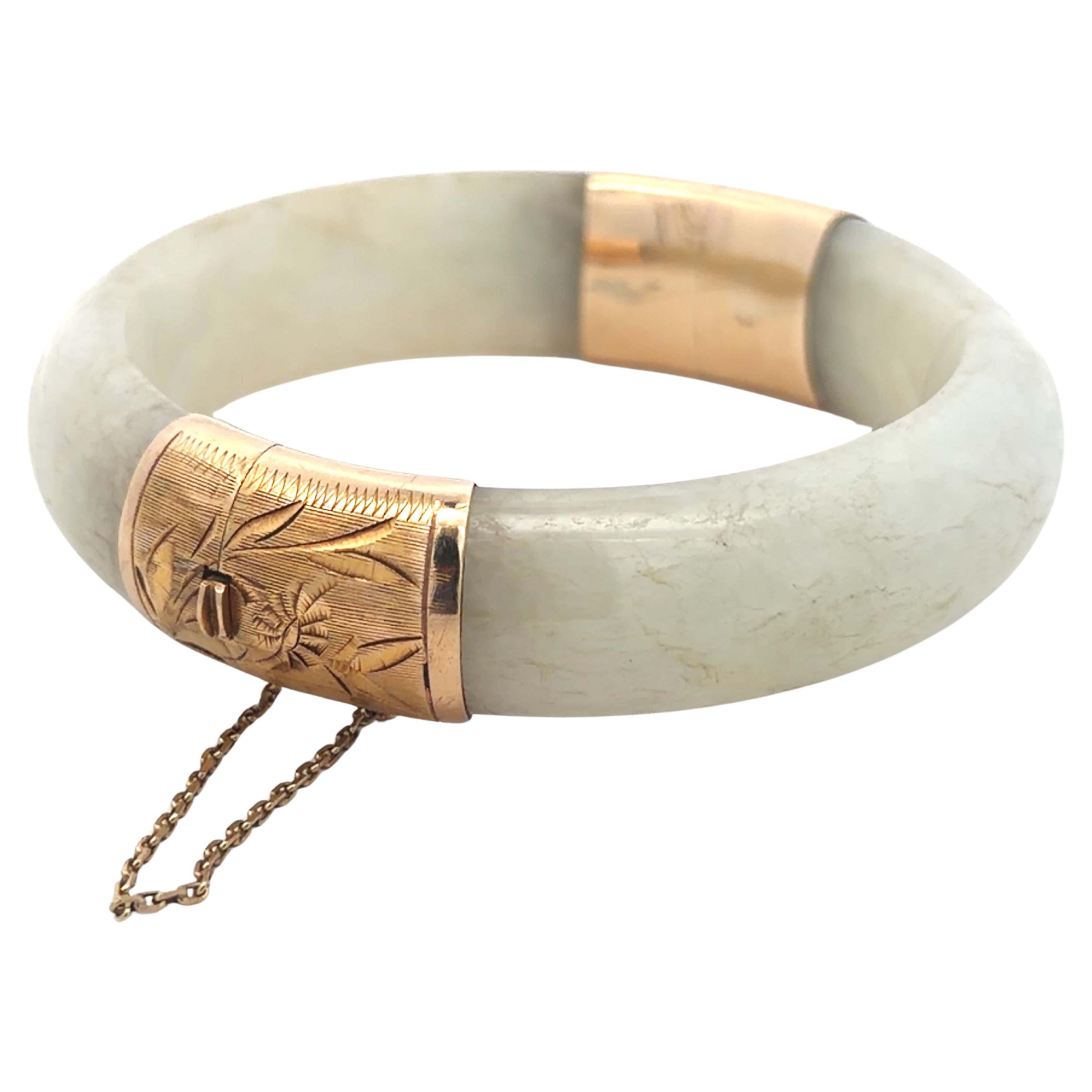 White Jade Bangle 14k Yellow Gold
