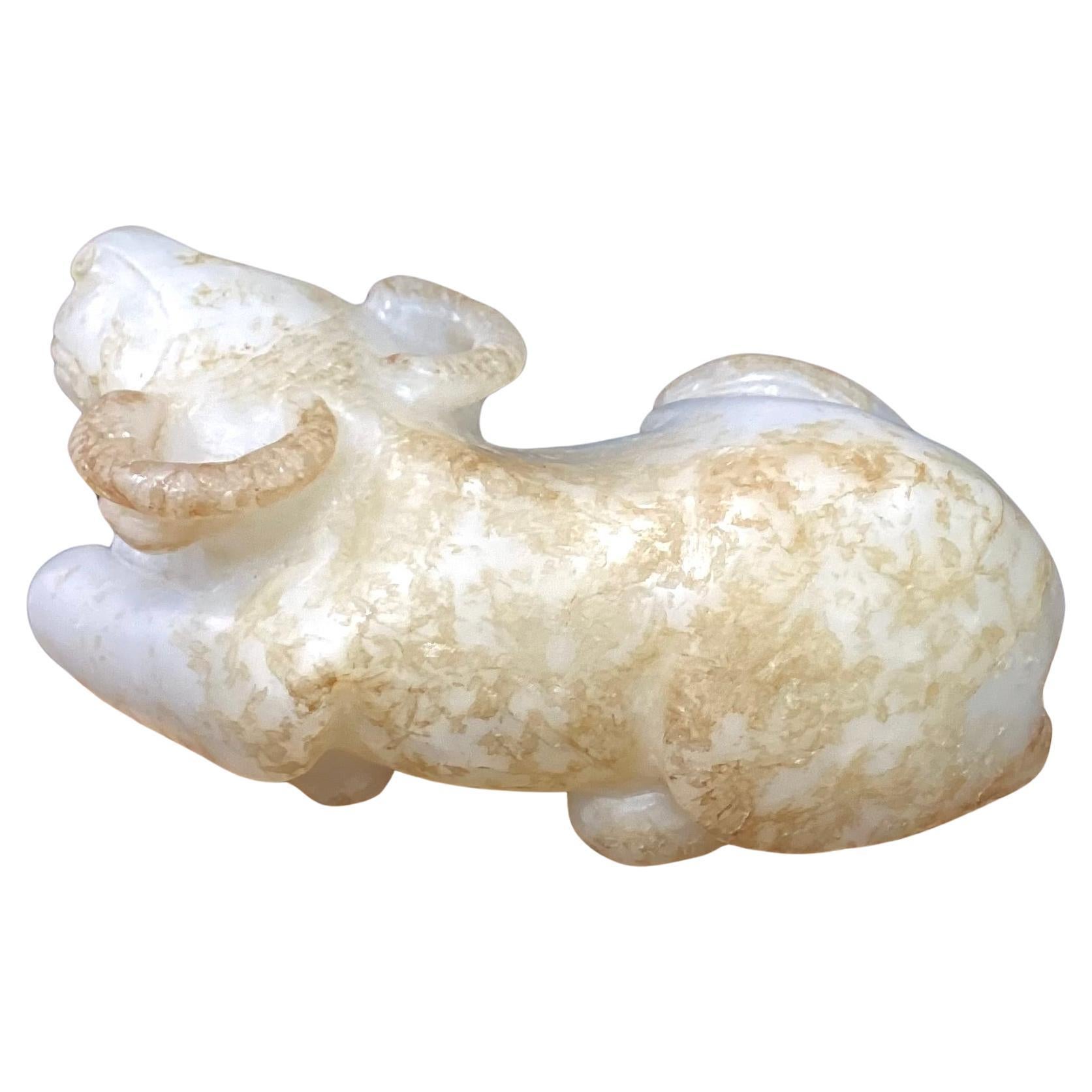 Qing White Jade Carving of Recumbent Water Buffalo For Sale