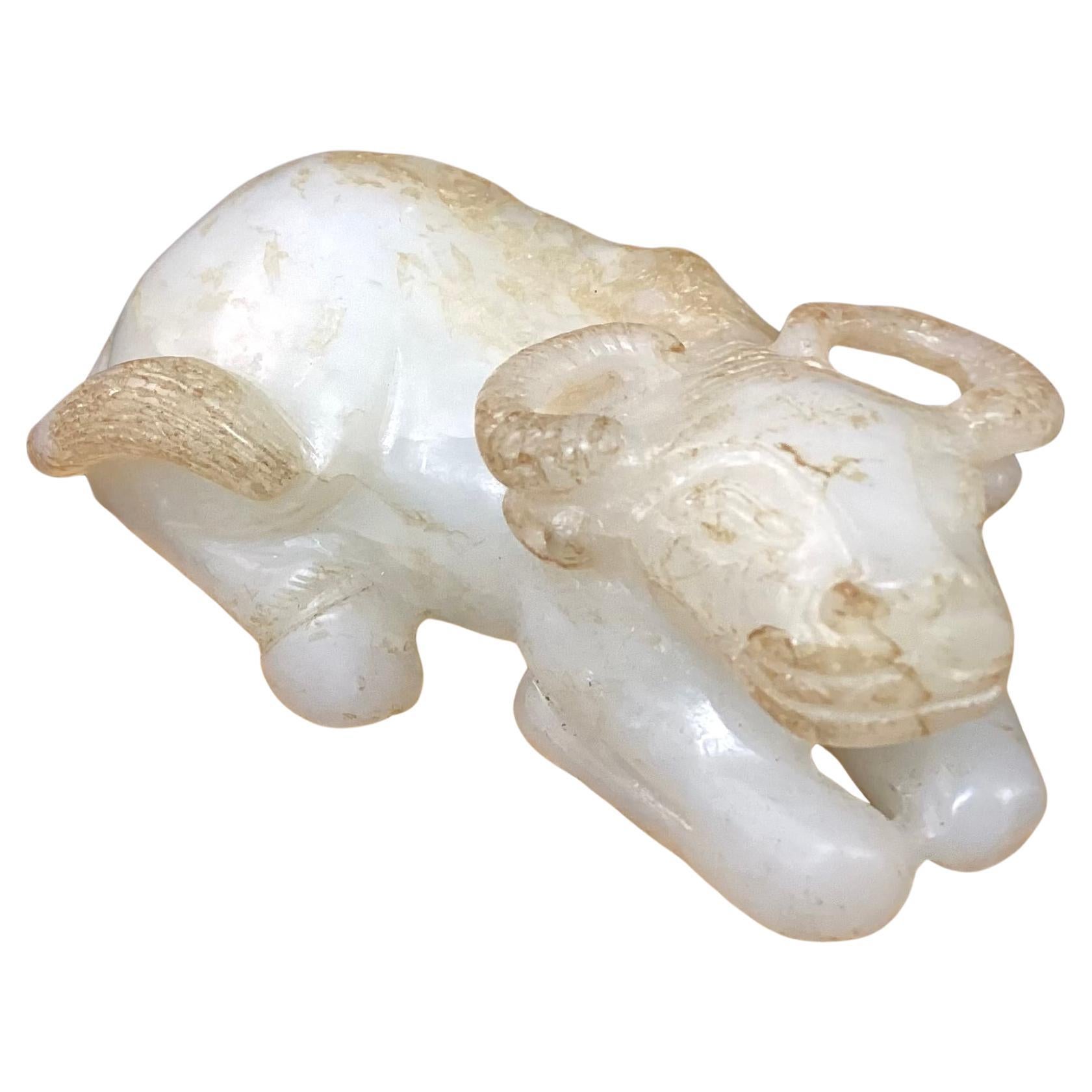 19th Century White Jade Carving of Recumbent Water Buffalo For Sale
