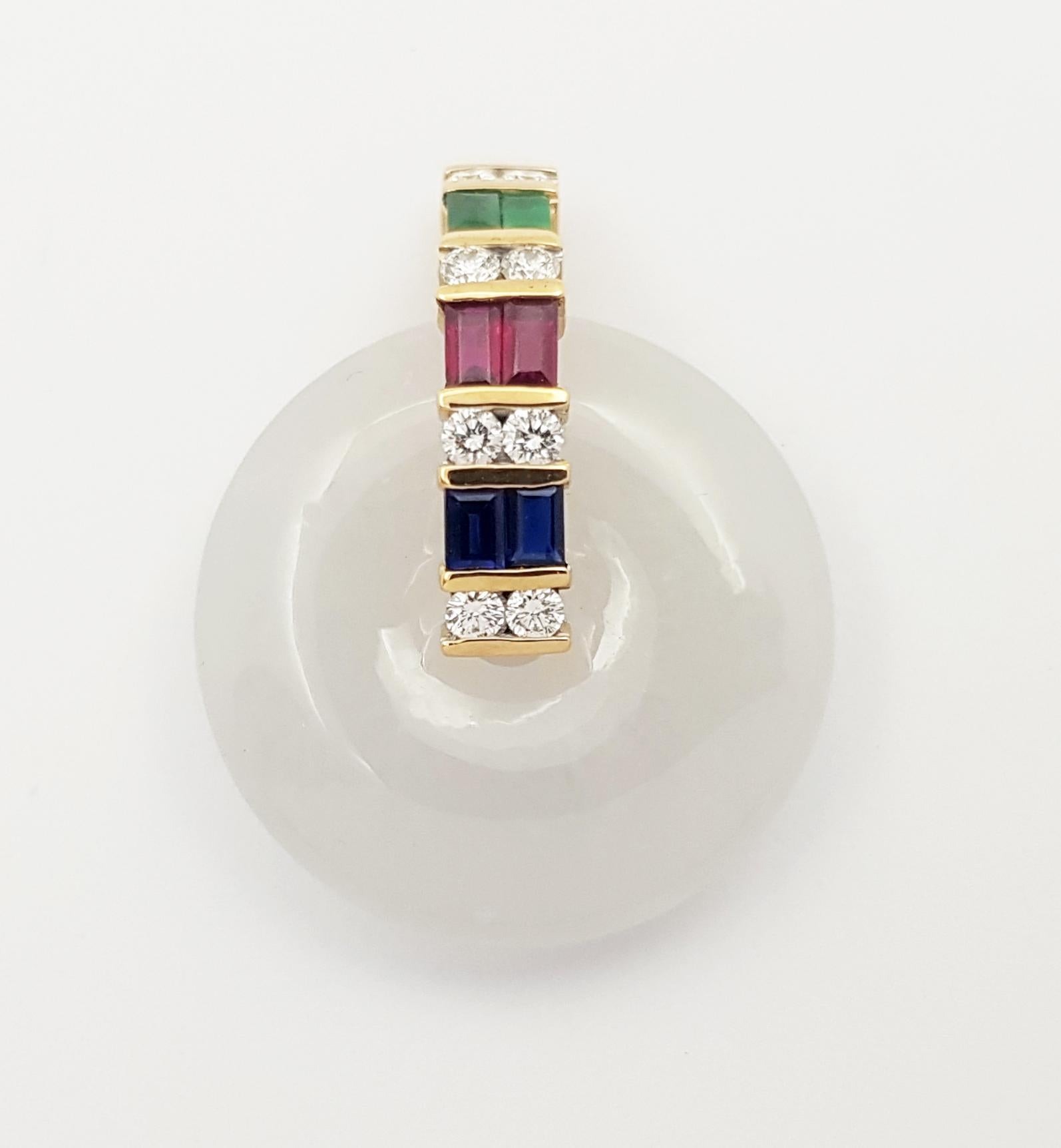 White Jade, Emerald 0.18 carat, Blue Sapphire 0.26 carat, Ruby 0.35 carat and Diamond 0.29 carat Pendant set in 18K Gold Settings
(chain not included)

Width: 2.3 cm 
Length: 3.0  cm
Total Weight: 8.8 grams

