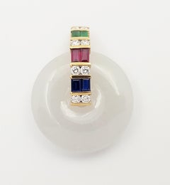 White Jade, Emerald, Blue Sapphire, Ruby and Diamond Pendant set in 18K Gold