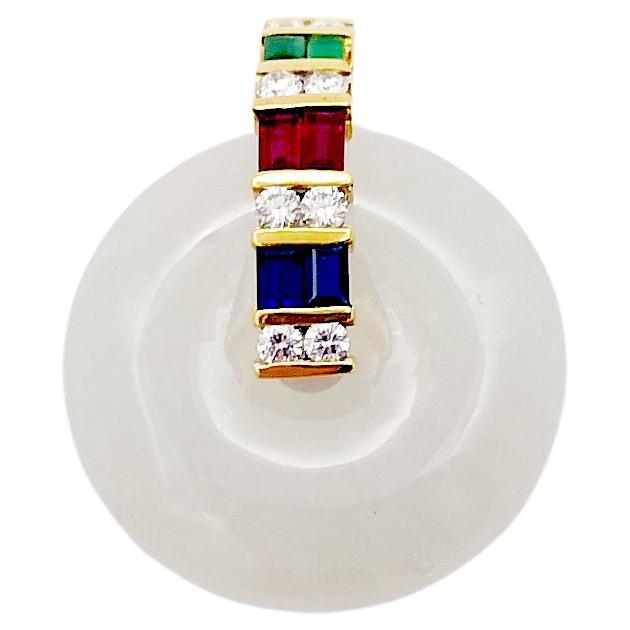 White Jade, Emerald, Blue Sapphire, Ruby and Diamond Pendant set in 18K Gold  For Sale