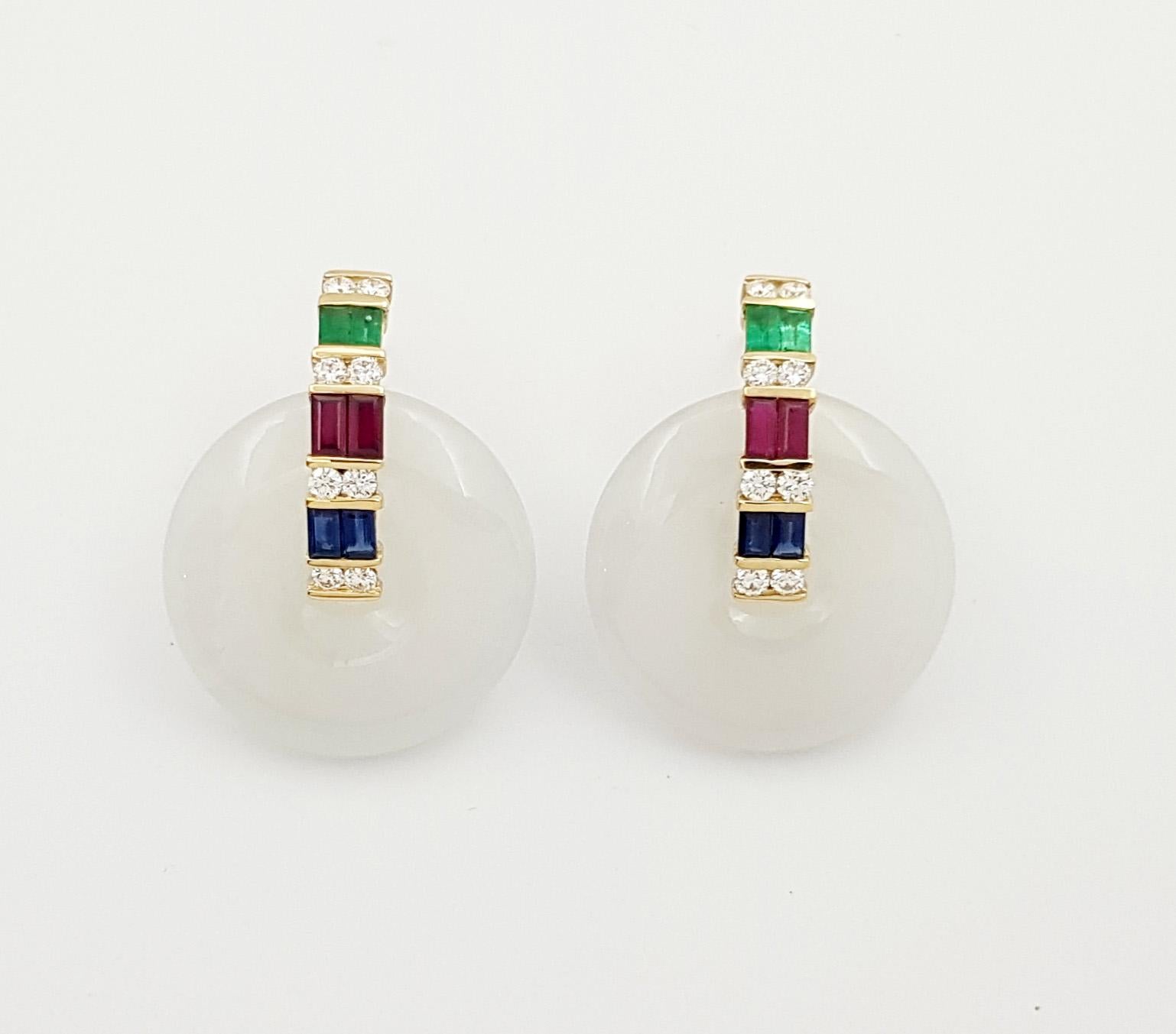 Contemporary White Jade, Emerald, Ruby, Blue Sapphire and Diamond Earrings set in 18K Gold For Sale