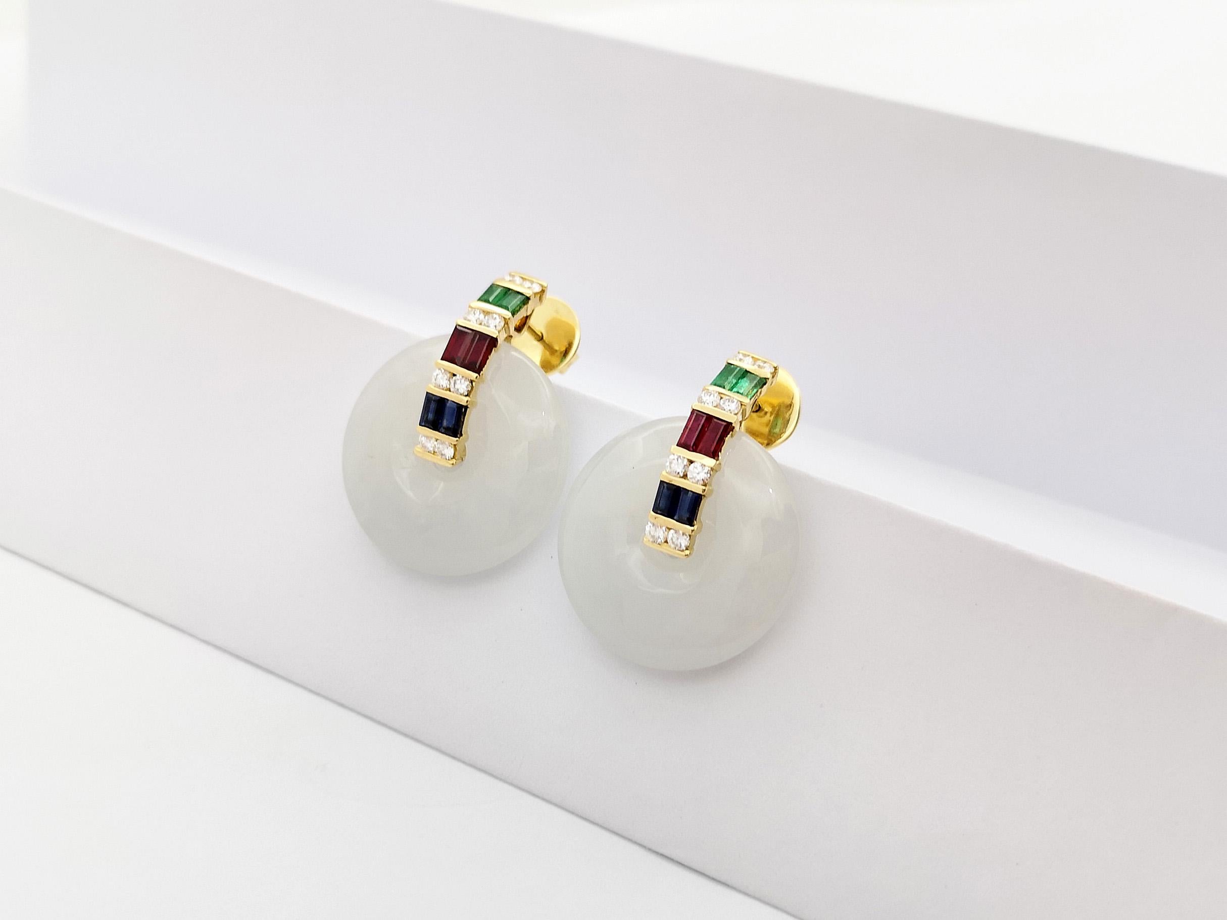 Mixed Cut White Jade, Emerald, Ruby, Blue Sapphire and Diamond Earrings set in 18K Gold For Sale