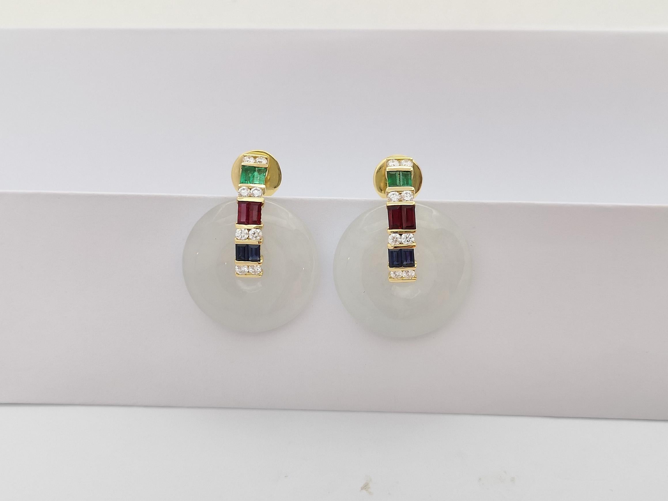 White Jade, Emerald, Ruby, Blue Sapphire and Diamond Earrings set in 18K Gold For Sale 2