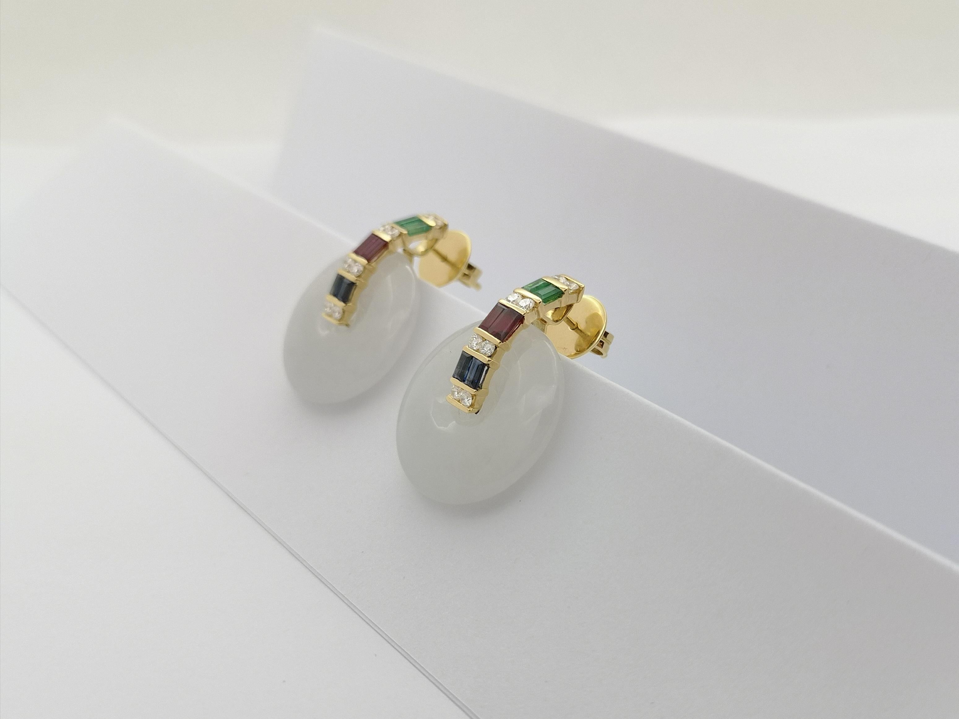 White Jade, Emerald, Ruby, Blue Sapphire and Diamond Earrings set in 18K Gold For Sale 3