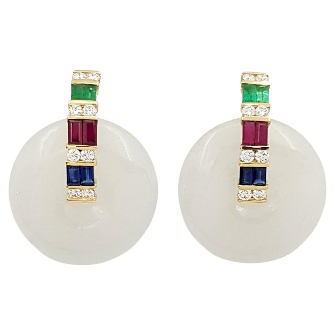 White Jade, Emerald, Ruby, Blue Sapphire and Diamond Earrings set in 18K Gold For Sale
