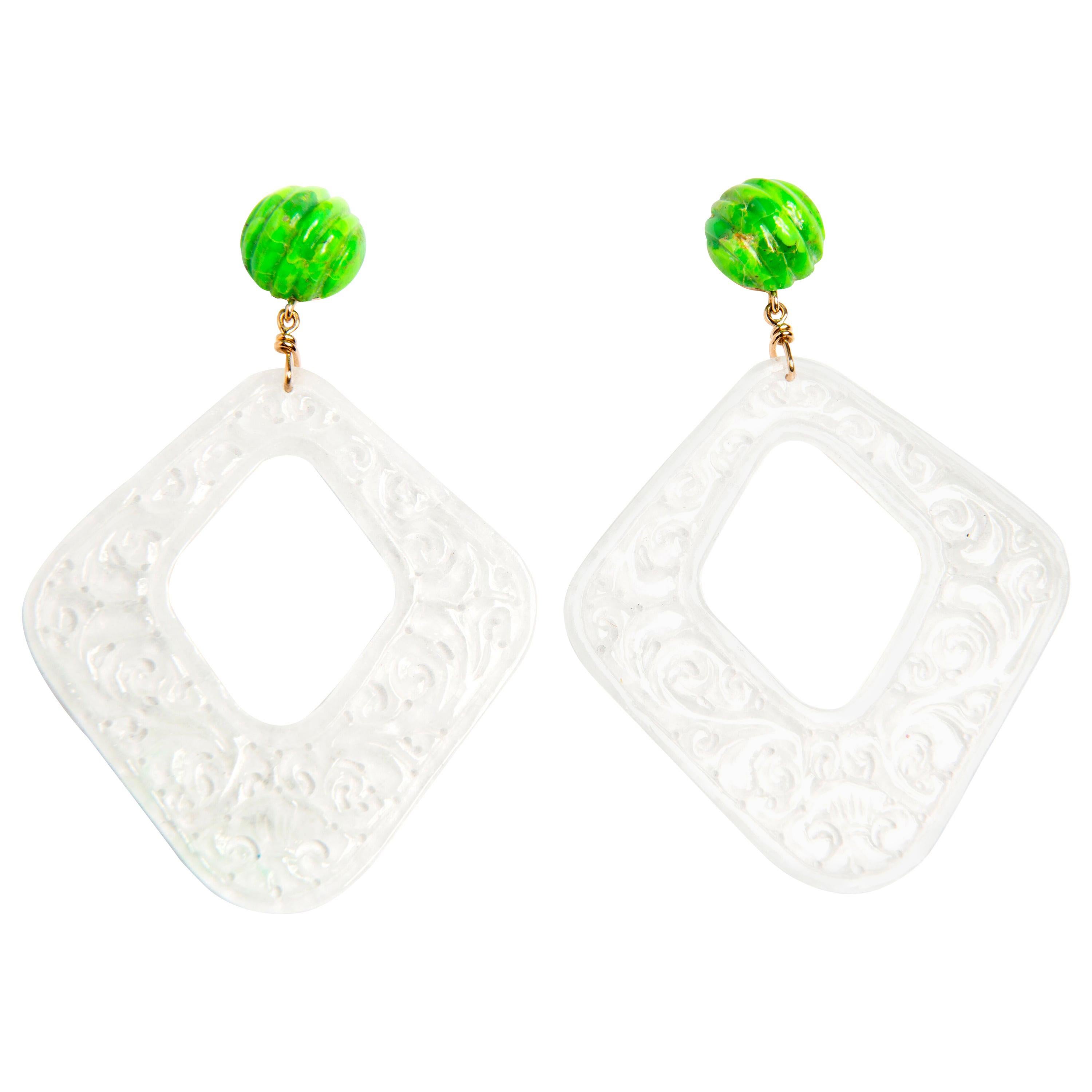 White Jade Grade A and Green Turquoise Yellow Gold 18 Karat Earrings For Sale