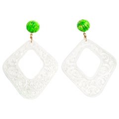 White Jade Grade A and Green Turquoise Yellow Gold 18 Karat Earrings