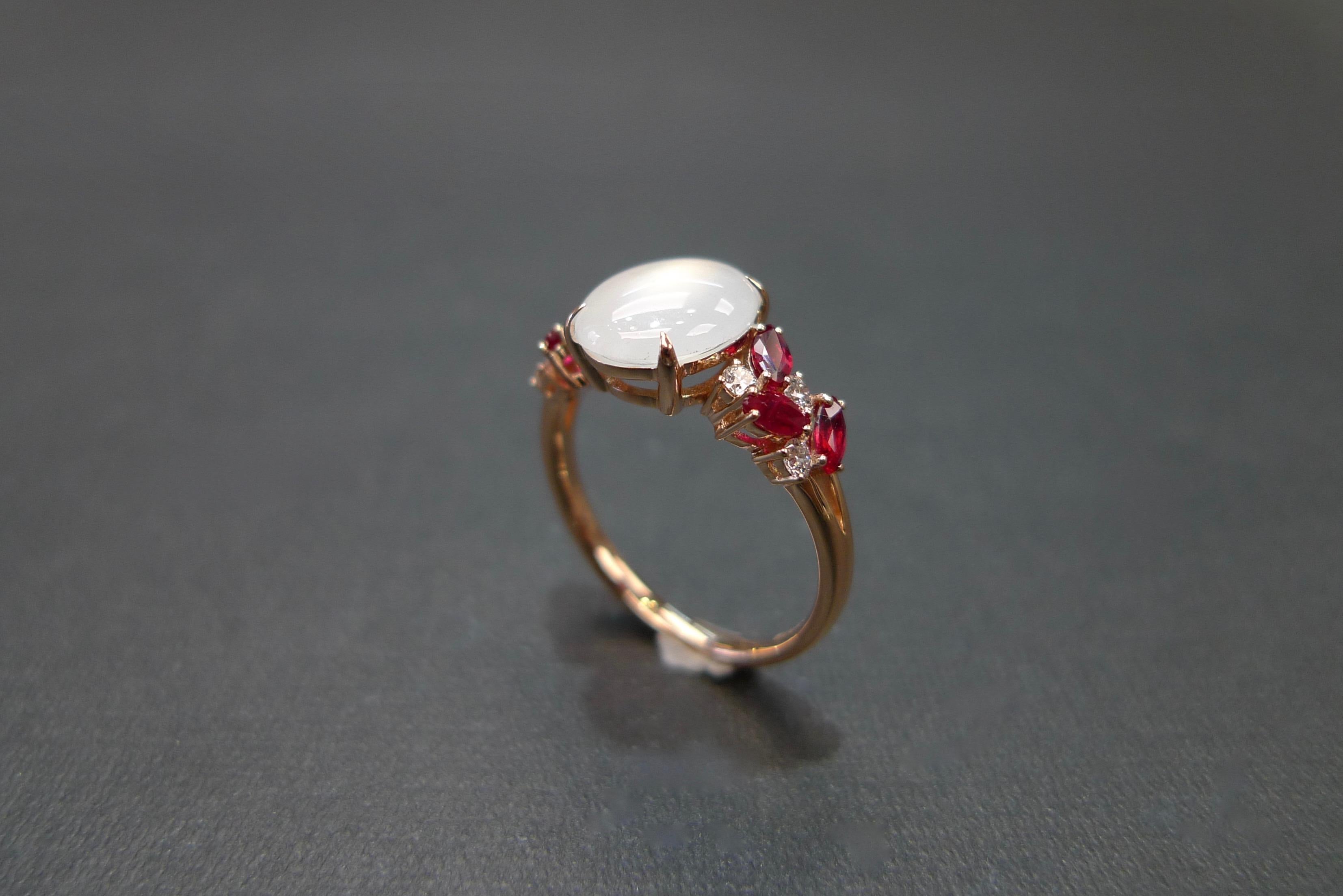 For Sale:  White Jade, Marquise Rubies and Diamond Unique Engagement Ring in Rose Gold 10