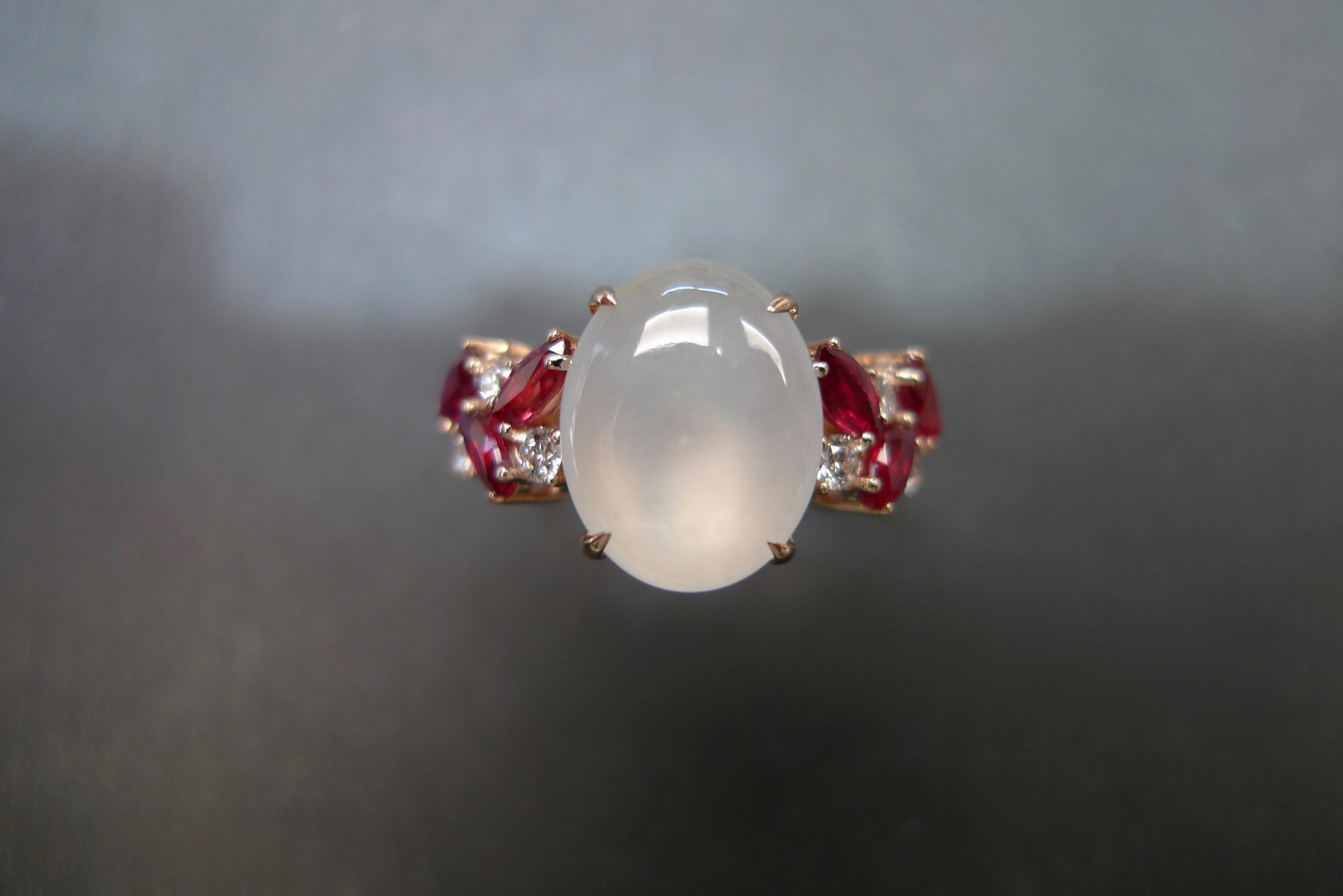 For Sale:  White Jade, Marquise Rubies and Diamond Unique Engagement Ring in Rose Gold 11