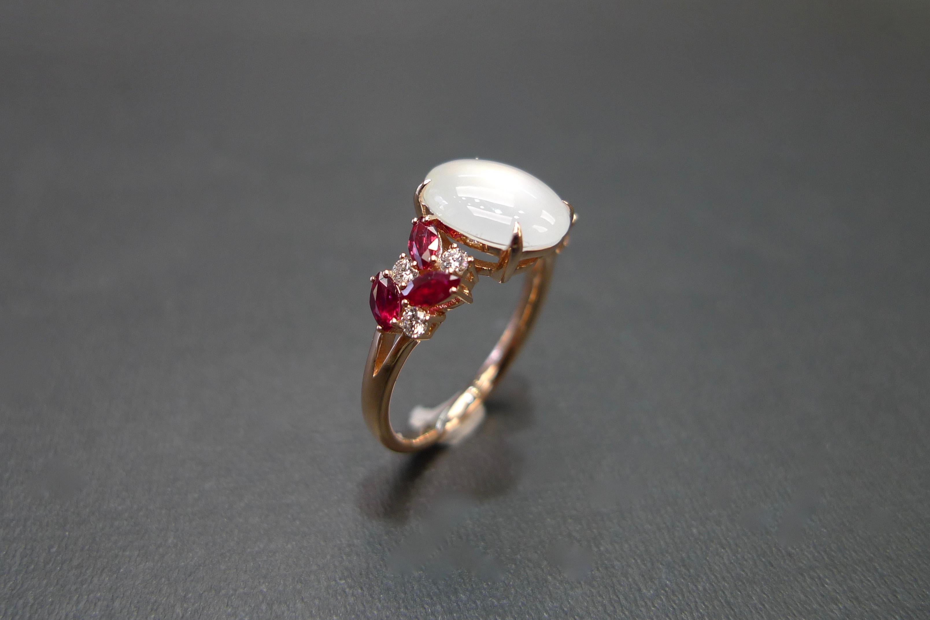For Sale:  White Jade, Marquise Rubies and Diamond Unique Engagement Ring in Rose Gold 12