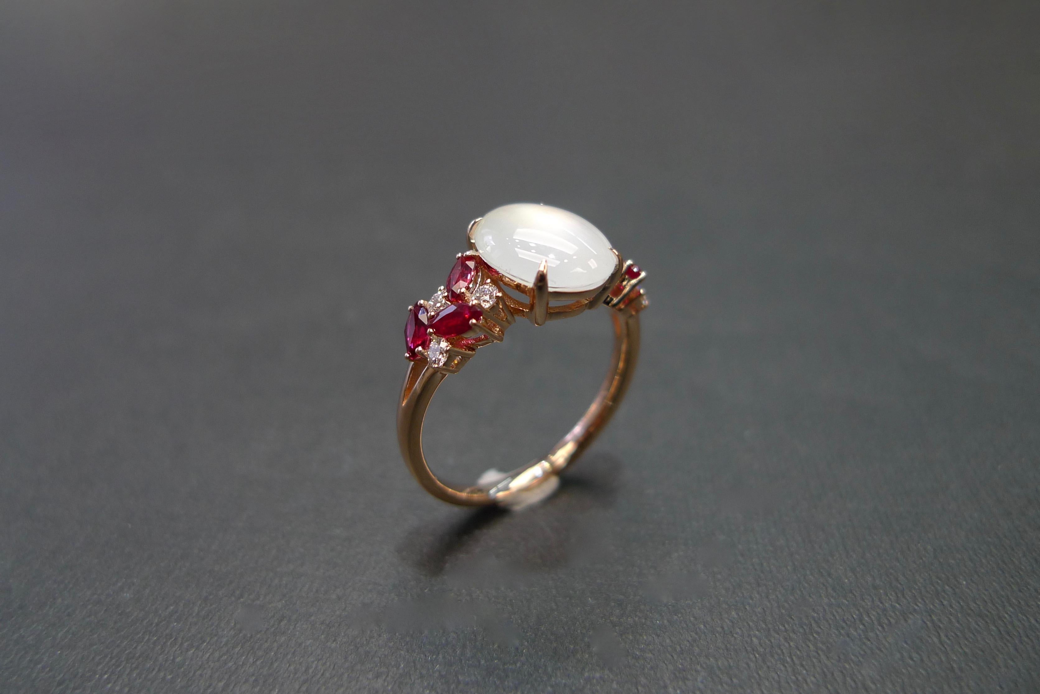 For Sale:  White Jade, Marquise Rubies and Diamond Unique Engagement Ring in Rose Gold 13