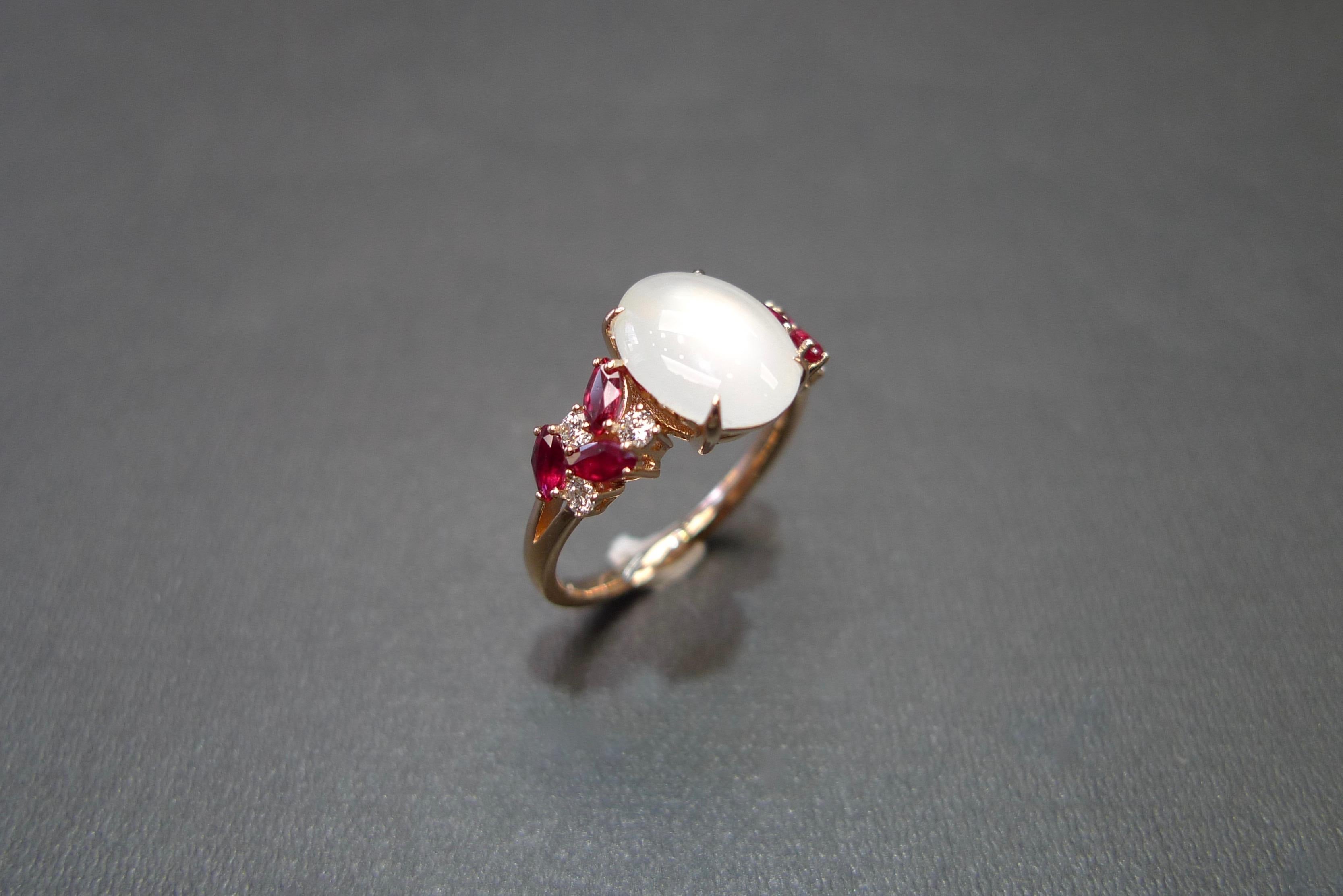 For Sale:  White Jade, Marquise Rubies and Diamond Unique Engagement Ring in Rose Gold 14