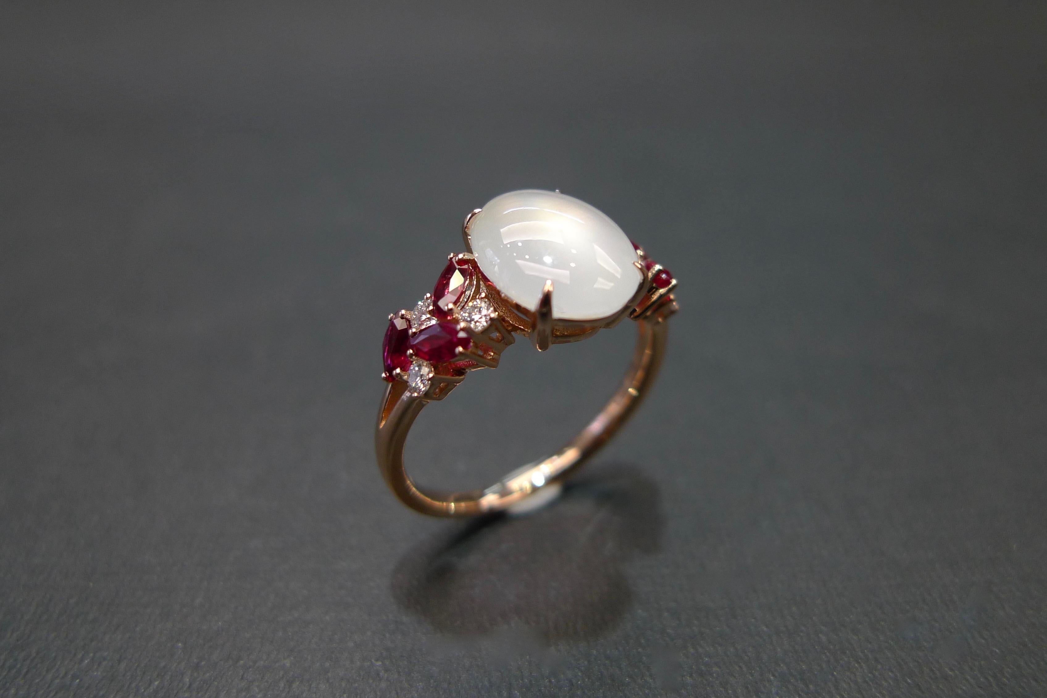 For Sale:  White Jade, Marquise Rubies and Diamond Unique Engagement Ring in Rose Gold 3