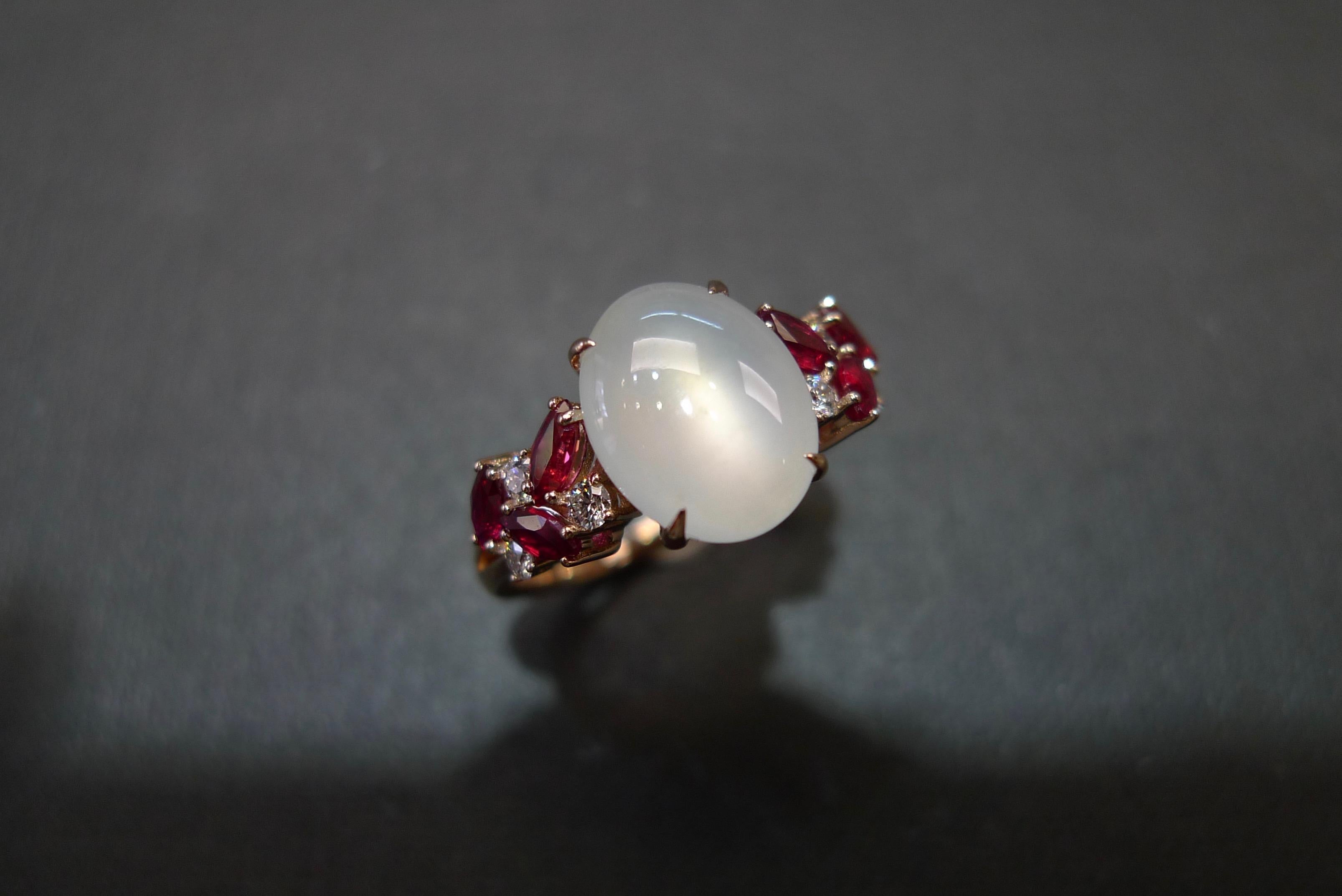 For Sale:  White Jade, Marquise Rubies and Diamond Unique Engagement Ring in Rose Gold 4