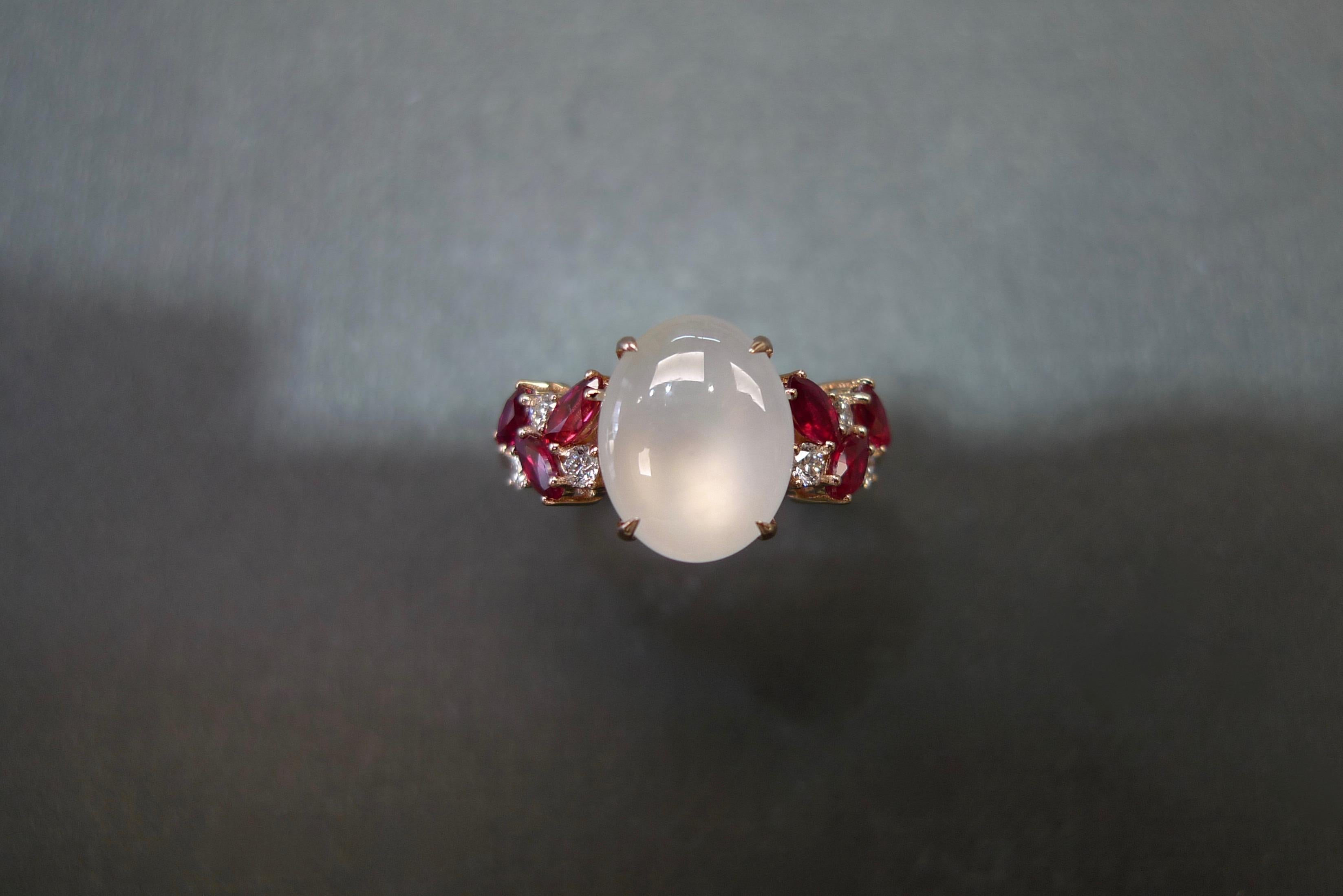 For Sale:  White Jade, Marquise Rubies and Diamond Unique Engagement Ring in Rose Gold 5