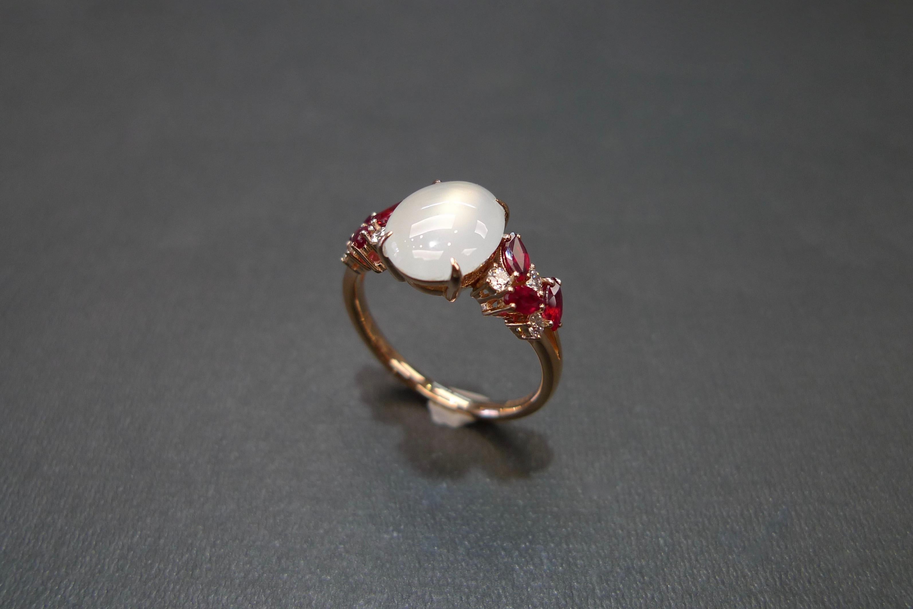 For Sale:  White Jade, Marquise Rubies and Diamond Unique Engagement Ring in Rose Gold 6