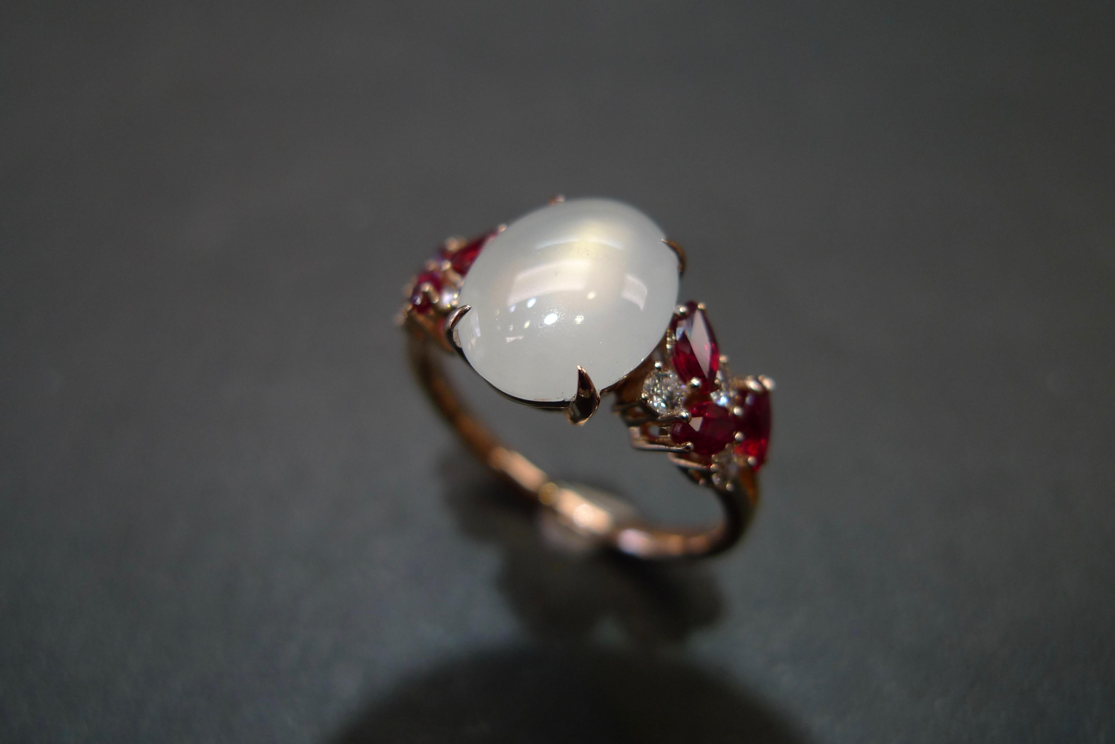 For Sale:  White Jade, Marquise Rubies and Diamond Unique Engagement Ring in Rose Gold 7