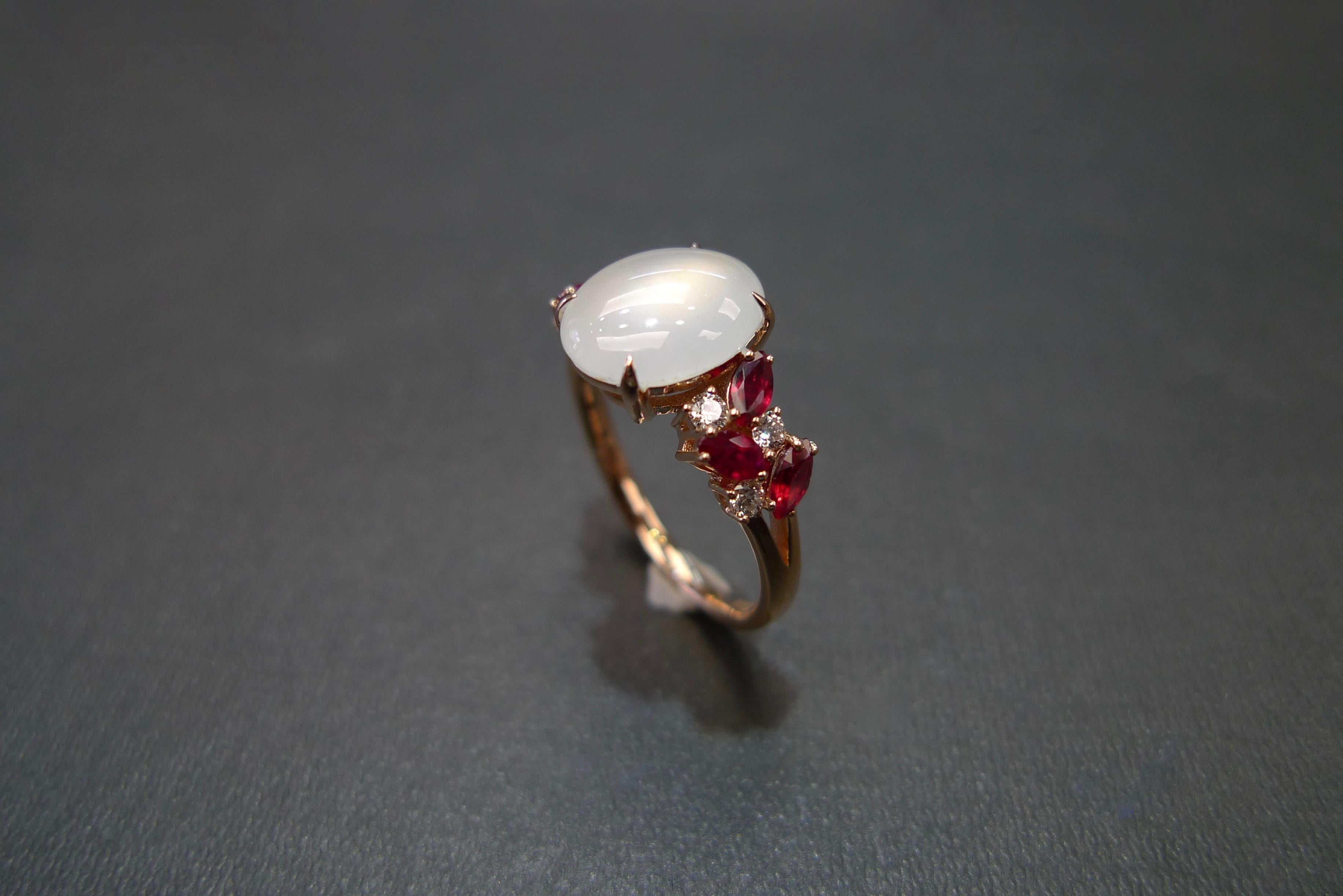 For Sale:  White Jade, Marquise Rubies and Diamond Unique Engagement Ring in Rose Gold 9