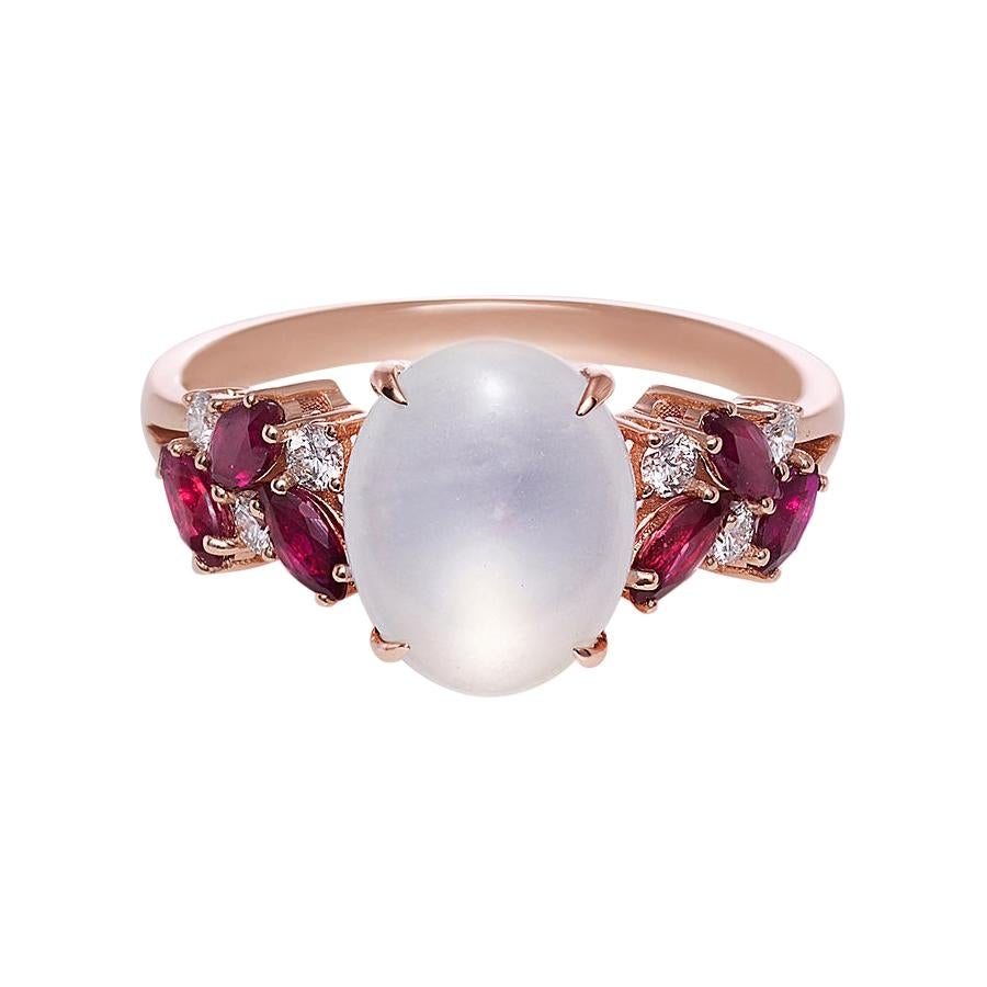 Einzigartiger Verlobungsring aus Weißer Jade, Marquise-Rubinen und Diamanten aus Roségold