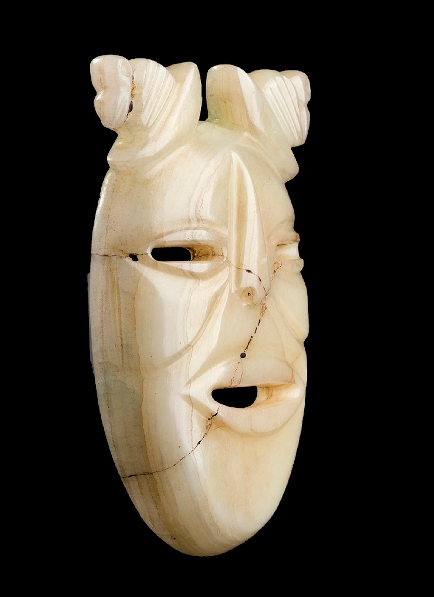 White jade mask is an original Olmec’s style artifacts.

Original white jade.

Good conditions.

Provenance: Private collection, Italy.

Very brilliant and ancient manufacture representing a small Jade mask realized in a typical Olmecs