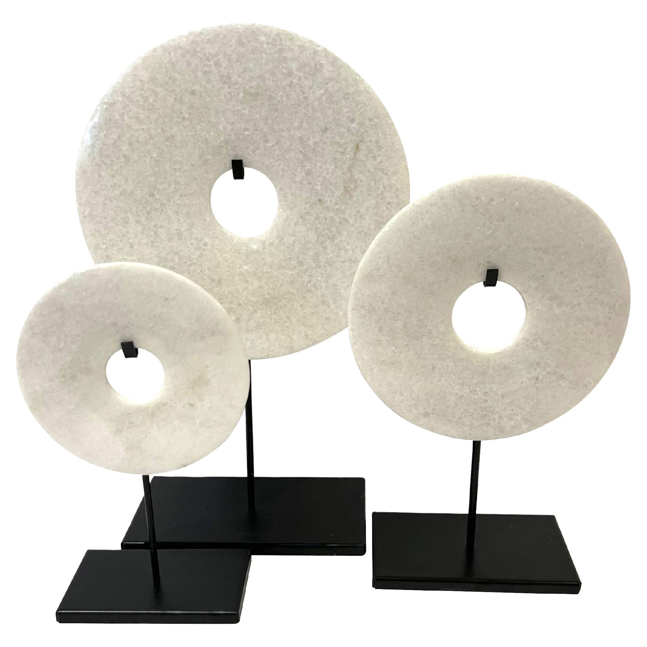 White Set Of Two Jade Disc Sculptures, China, Contemporary For Sale at