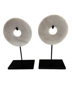 White Jade Set Of Two Smooth Discs On Stands, China, Contemporary