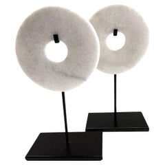White Jade Set Of Two Smooth Discs On Stands, China, Contemporary