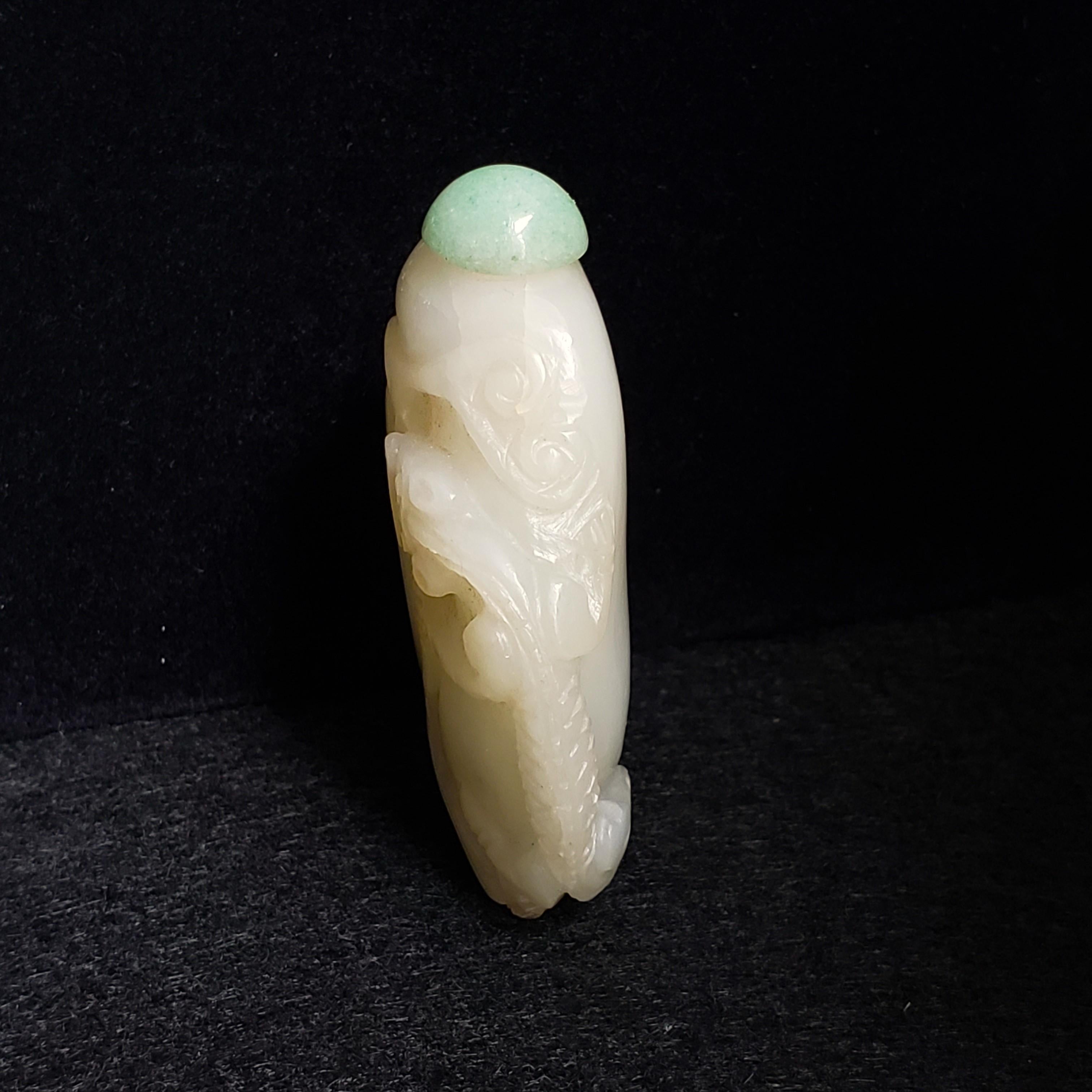 Women's or Men's White Jade Snuff Bottle with Chilong & Lotus Motif, Green Jadeite Cap For Sale
