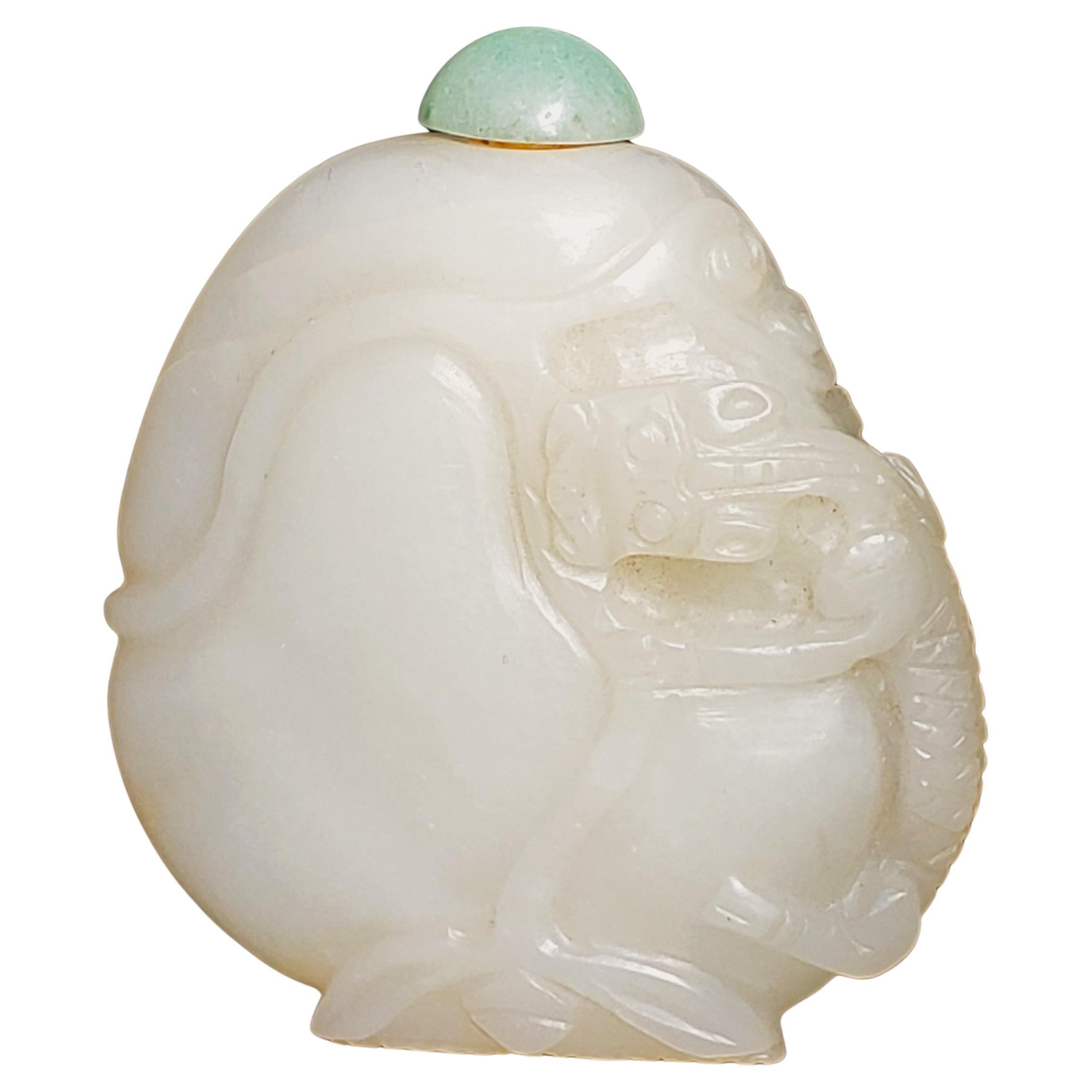 White Jade Snuff Bottle with Chilong & Lotus Motif, Green Jadeite Cap