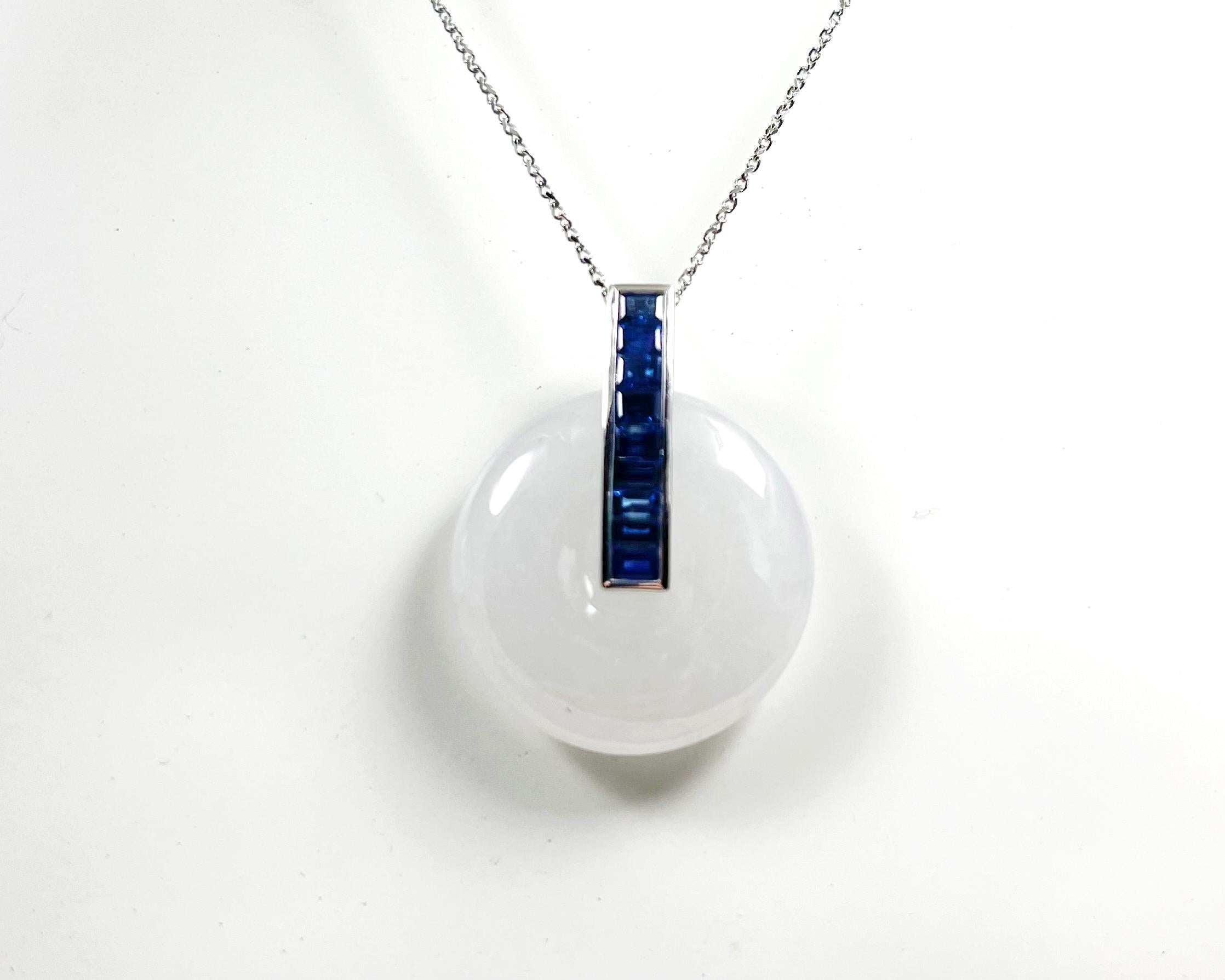 White Jade with Blue Sapphire Pendant set in 18K White Gold Settings For Sale 4