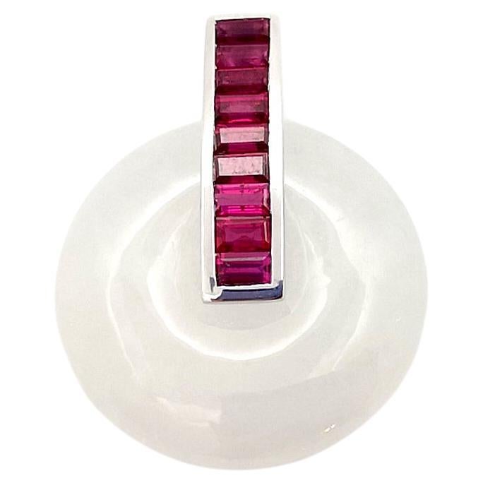 White Jade with Ruby Pendant set in 18K White Gold Settings For Sale