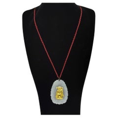 White Jadeite 24K Yellow Gold Vernier God of Fortune Pendant Necklace A-Grade