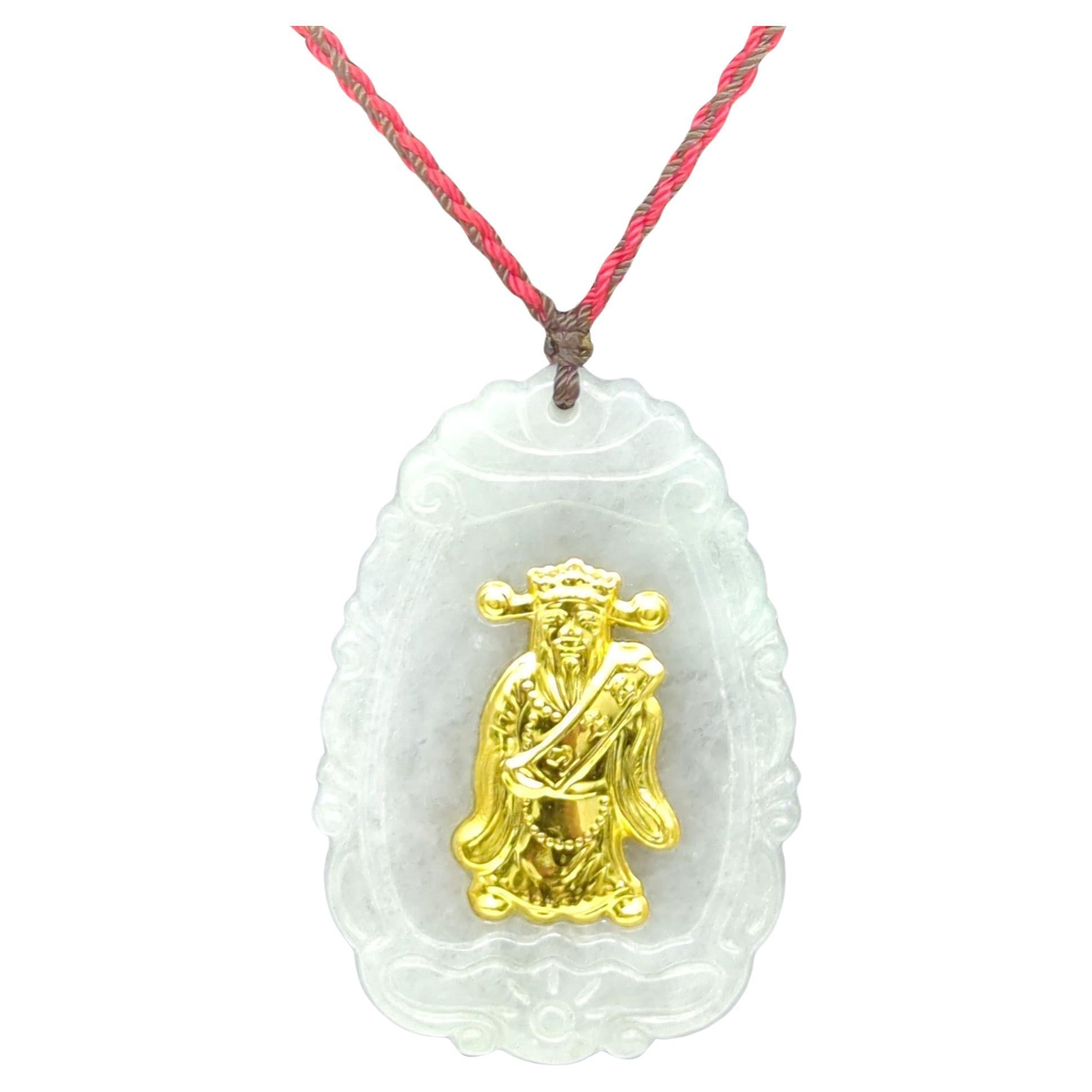 White Jadeite 24K Yellow Gold Vernier God of Fortune Pendant Necklace A-Grade