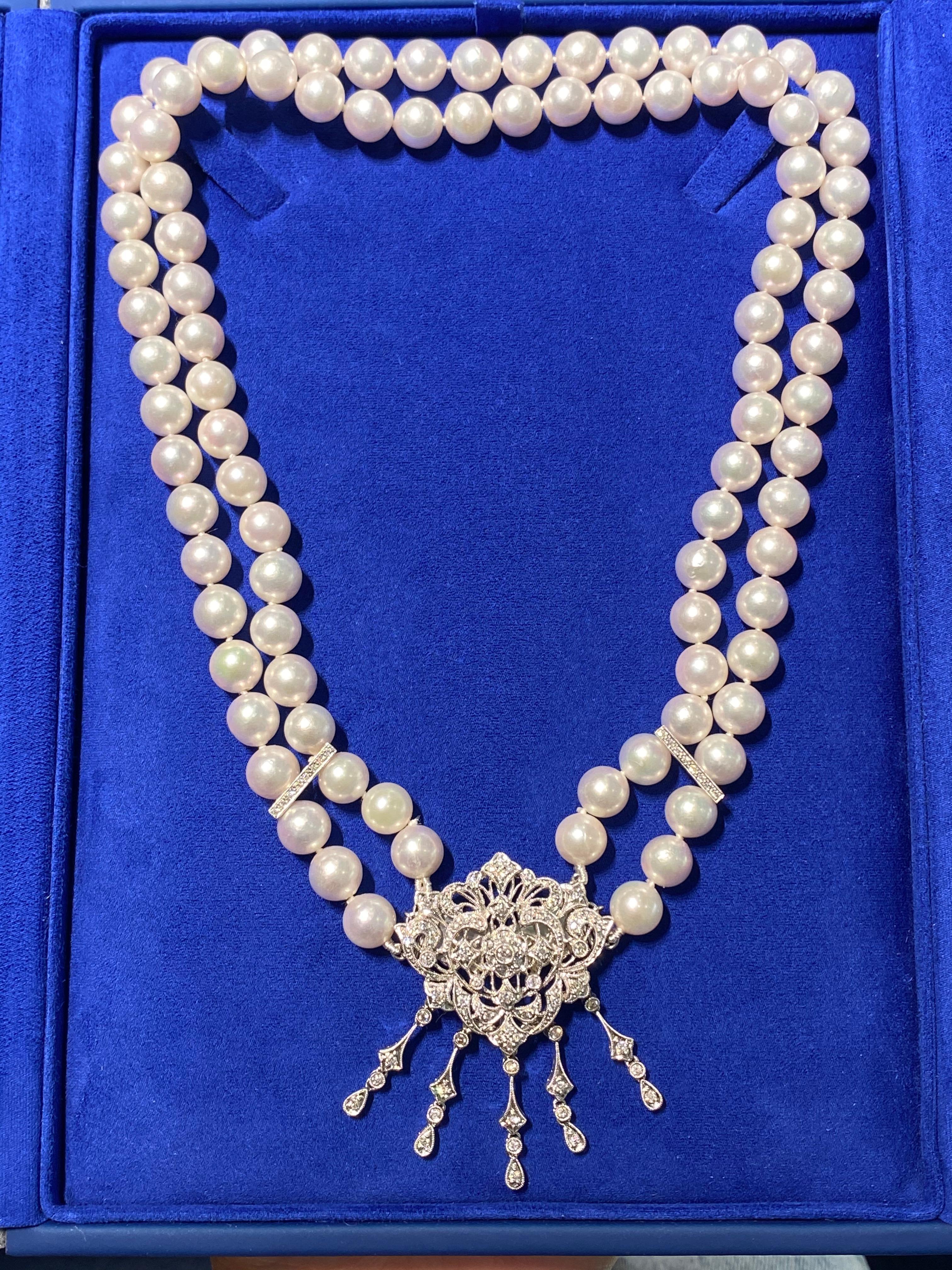 White Japanese Akoya Pearl Diamond 18 Karat White Gold Necklace Brooch Pin Combo For Sale 8