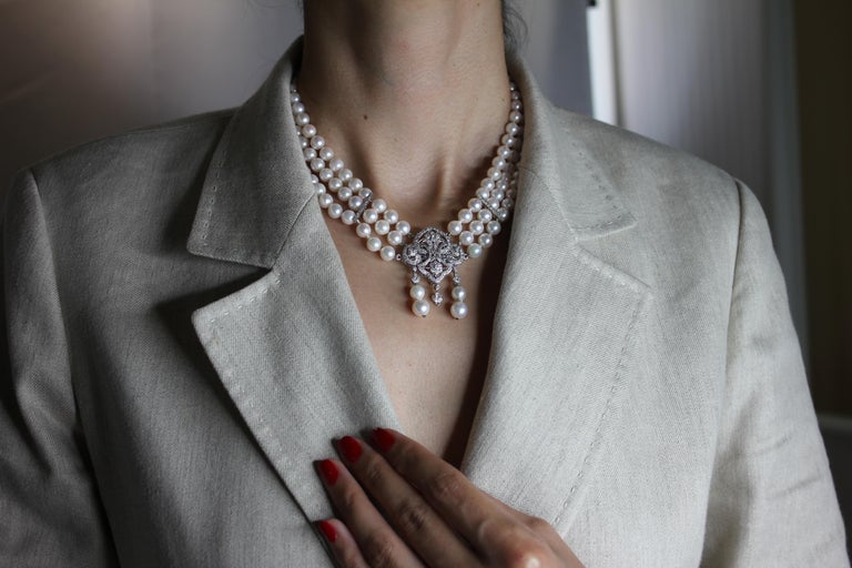 White Japanese Akoya Pearl Diamond 18 Karat White Gold Necklace Brooch