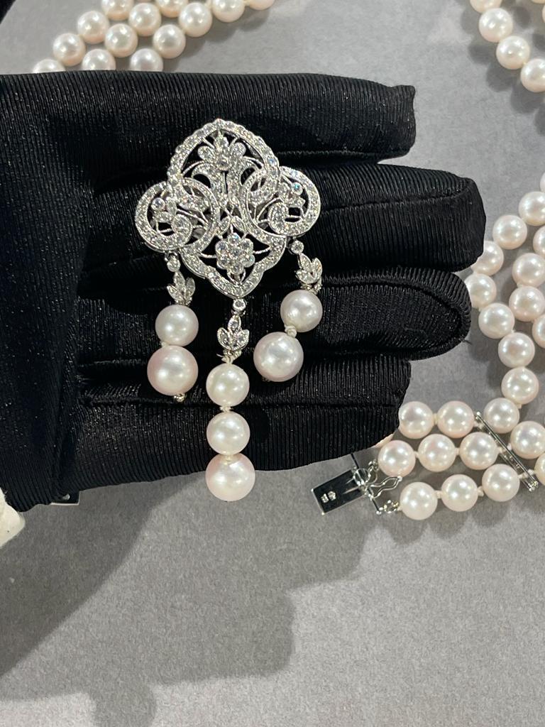 Halskette/Brosche/Anstecknadel, weiße japanische Akoya-Perle Diamant 18 Karat Weißgold im Angebot 12