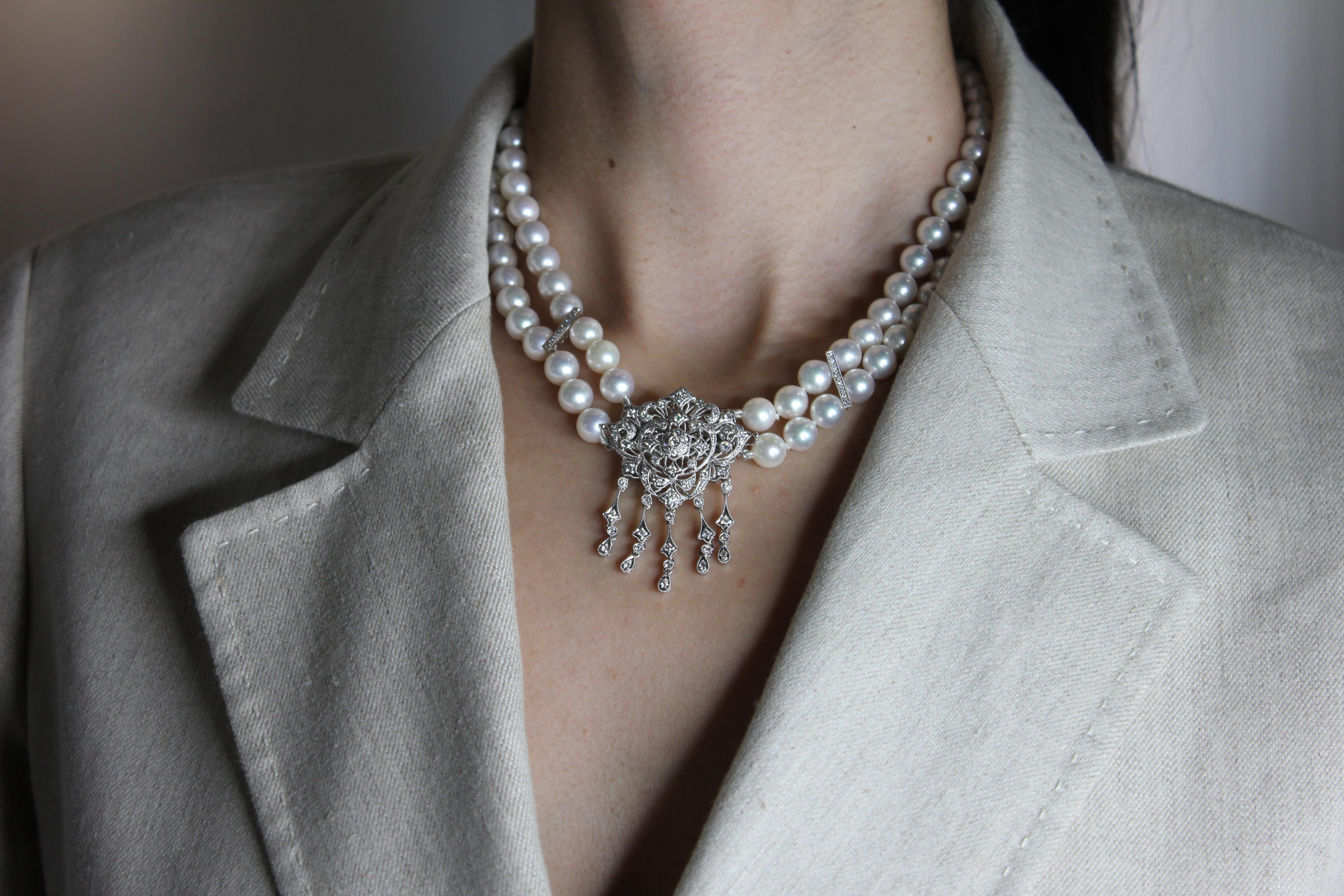 Halskette/Brosche/Anstecknadel, weiße japanische Akoya-Perle Diamant 18 Karat Weißgold im Angebot 11